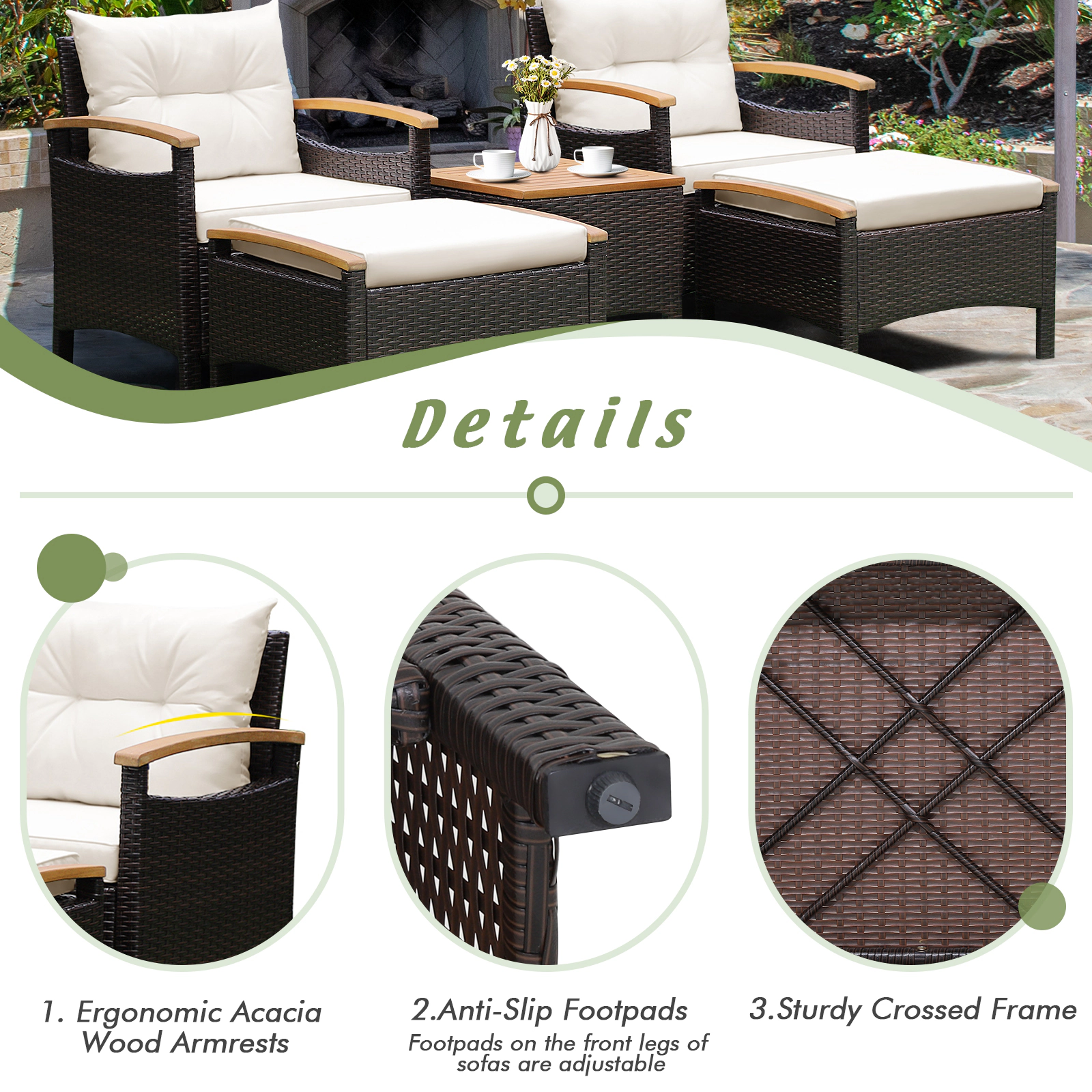 SUGIFT 7-Piece Off-White PE Rattan Patio Sofa Set with Acacia Wood, Ottomans and Tables