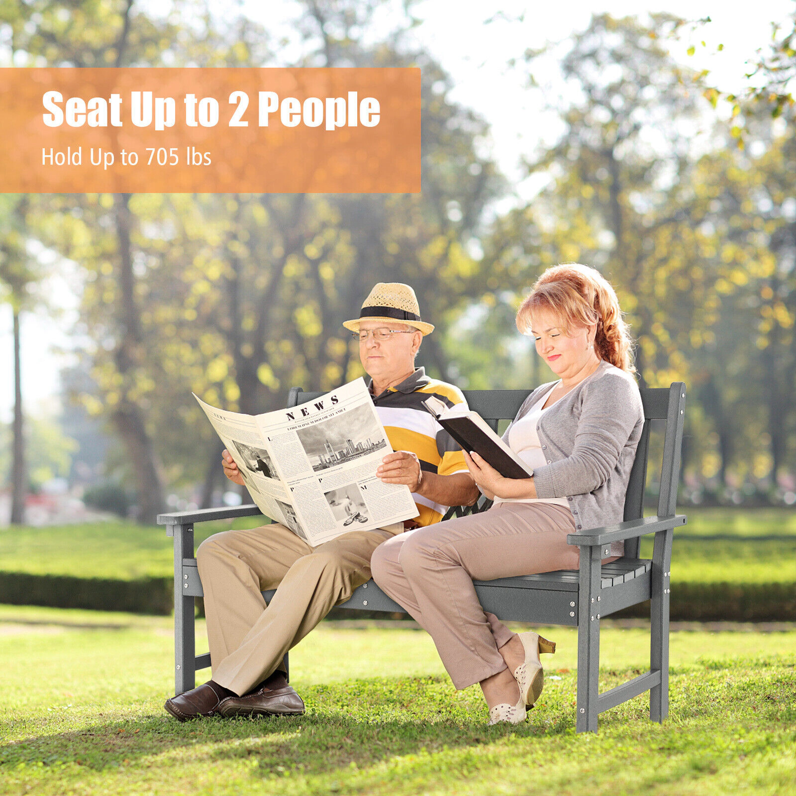 SUGIFT 52-in All-Weather HDPE Outdoor Bench with Backrest and Armrests 705-lb Capacity 52 x 25.5 x 36 in Gray