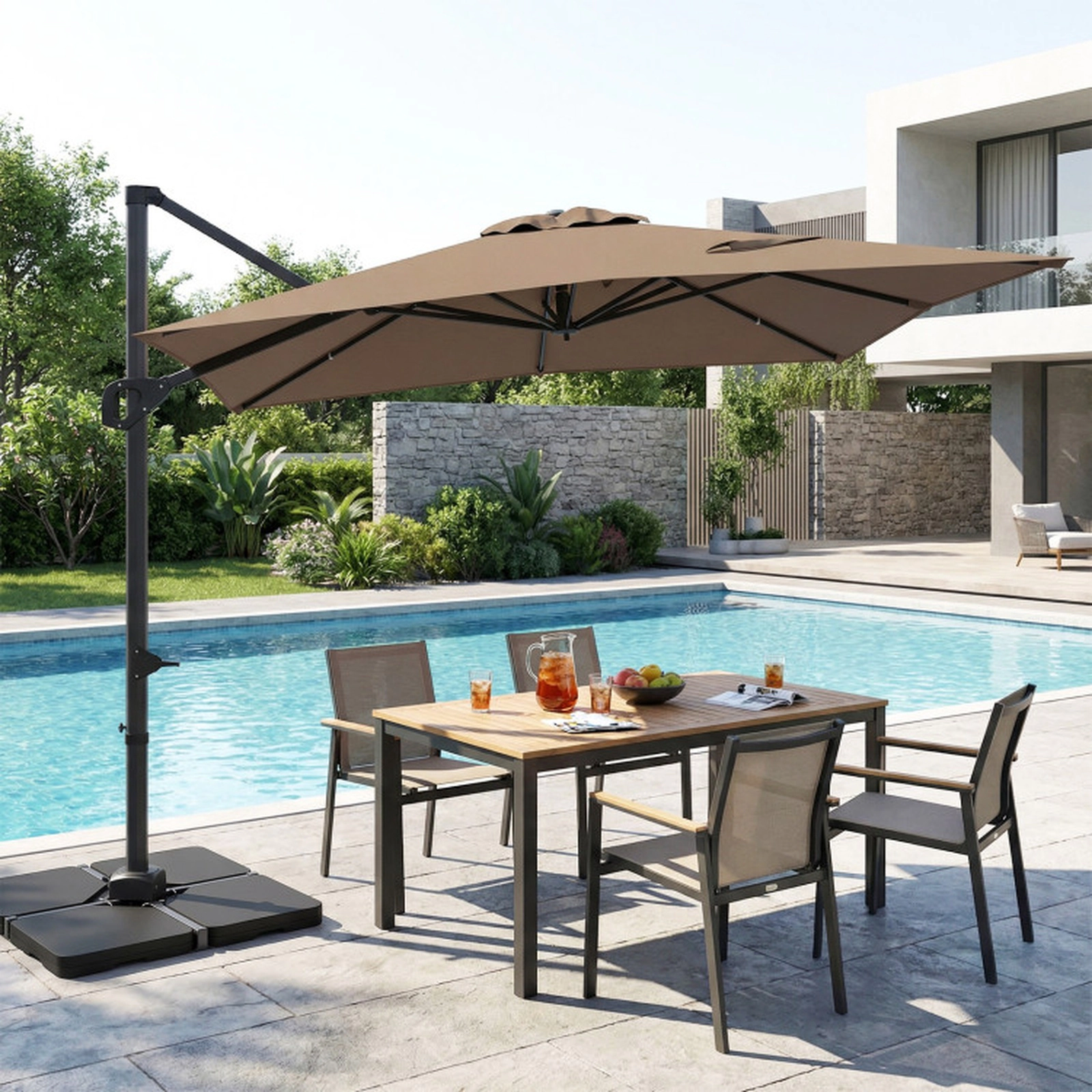 SUGIFT Brown Aluminum Pole and 220 LB Base 11 x 9 FT Offset Hanging Patio Umbrella