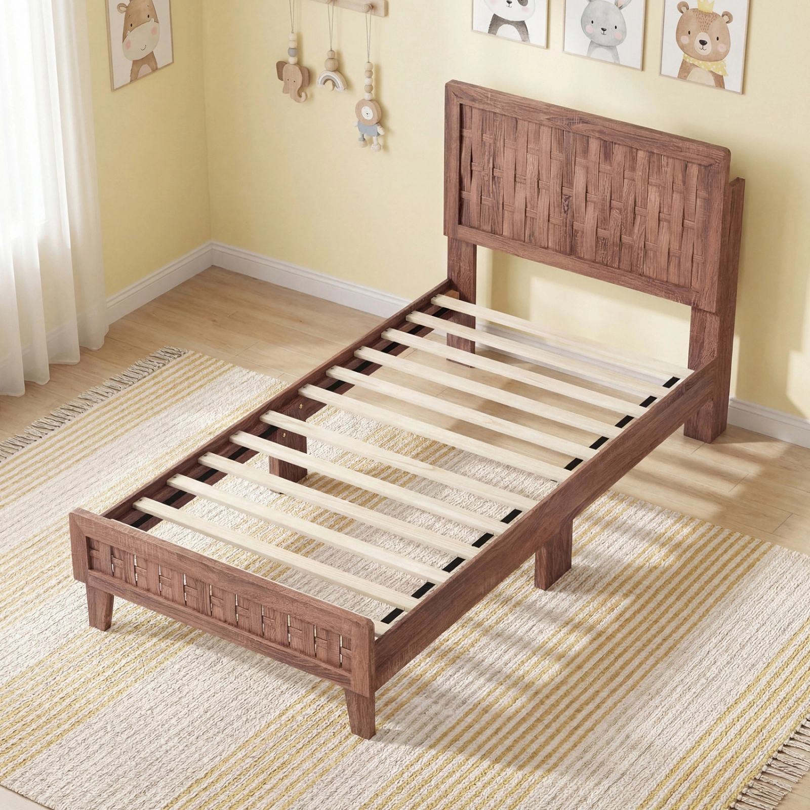 SUGIFT Twin Mid-Century Platform Bed Frame, Woven Accent Headboard and Footboard, Walnut