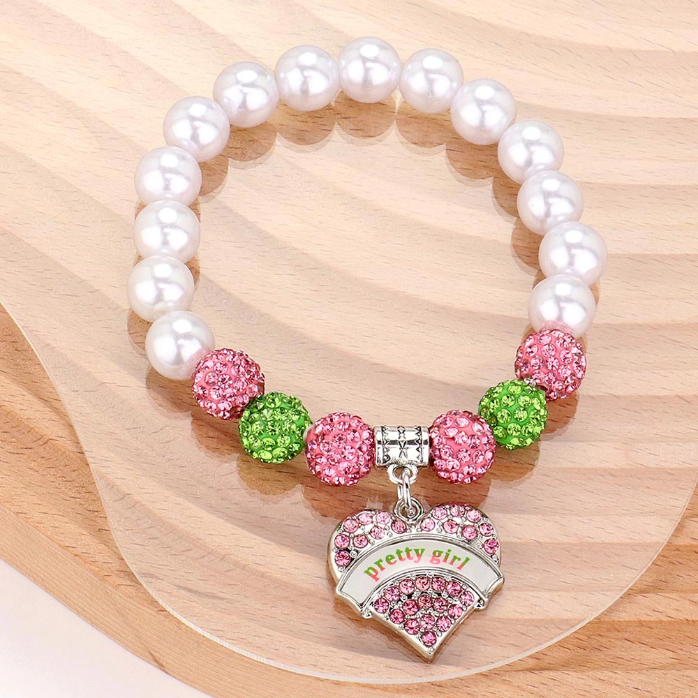 FASHNZFAB Stone Paved Pretty Girl Heart Sorority Charm Pointed Ball Pearl Beaded Stretch Bracelet