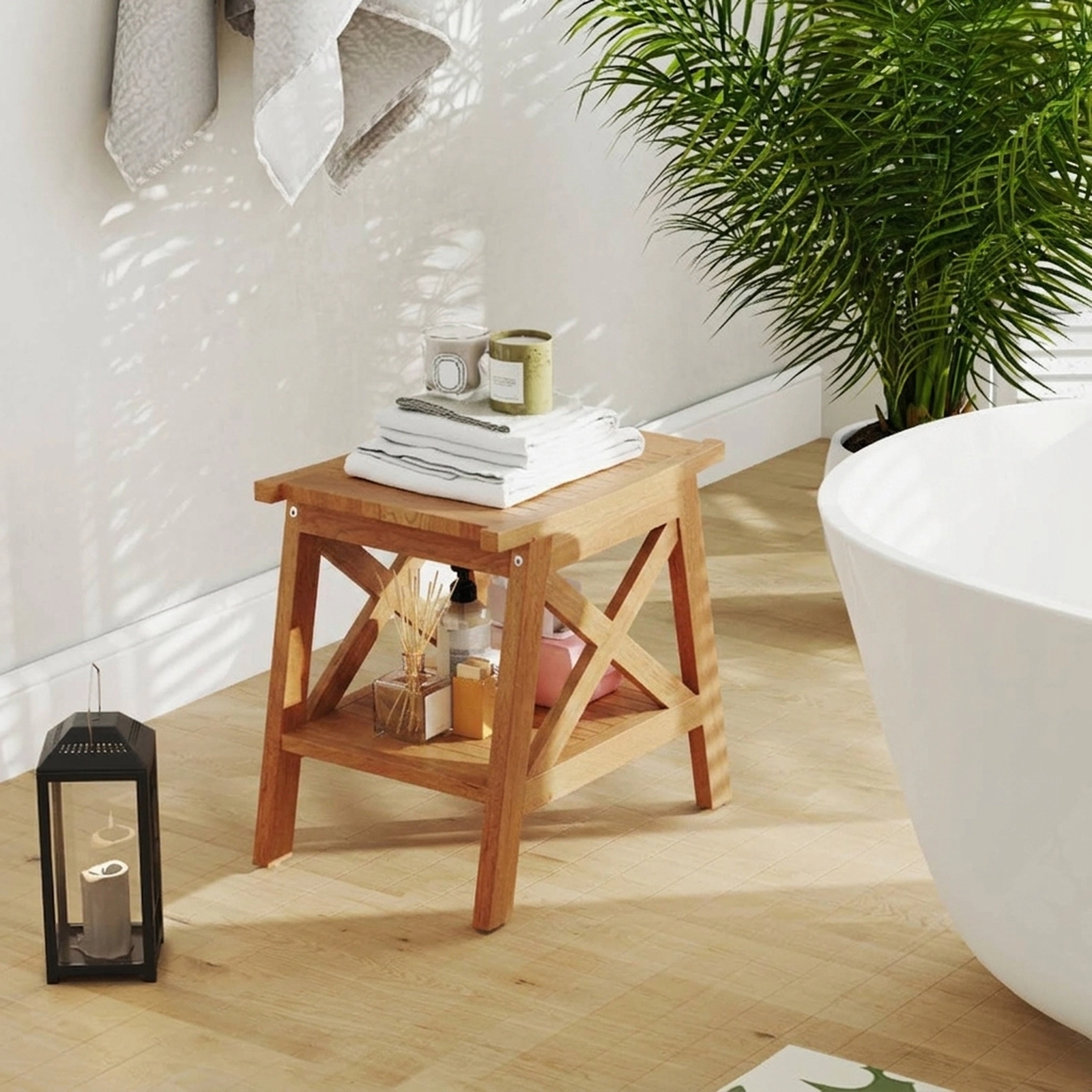 SUGIFT 20-in Teak Wood Shower Bench with Storage Shelf 176-lb Capacity 20 x 14 x 19 in Foot Pads Natural 1-Piece