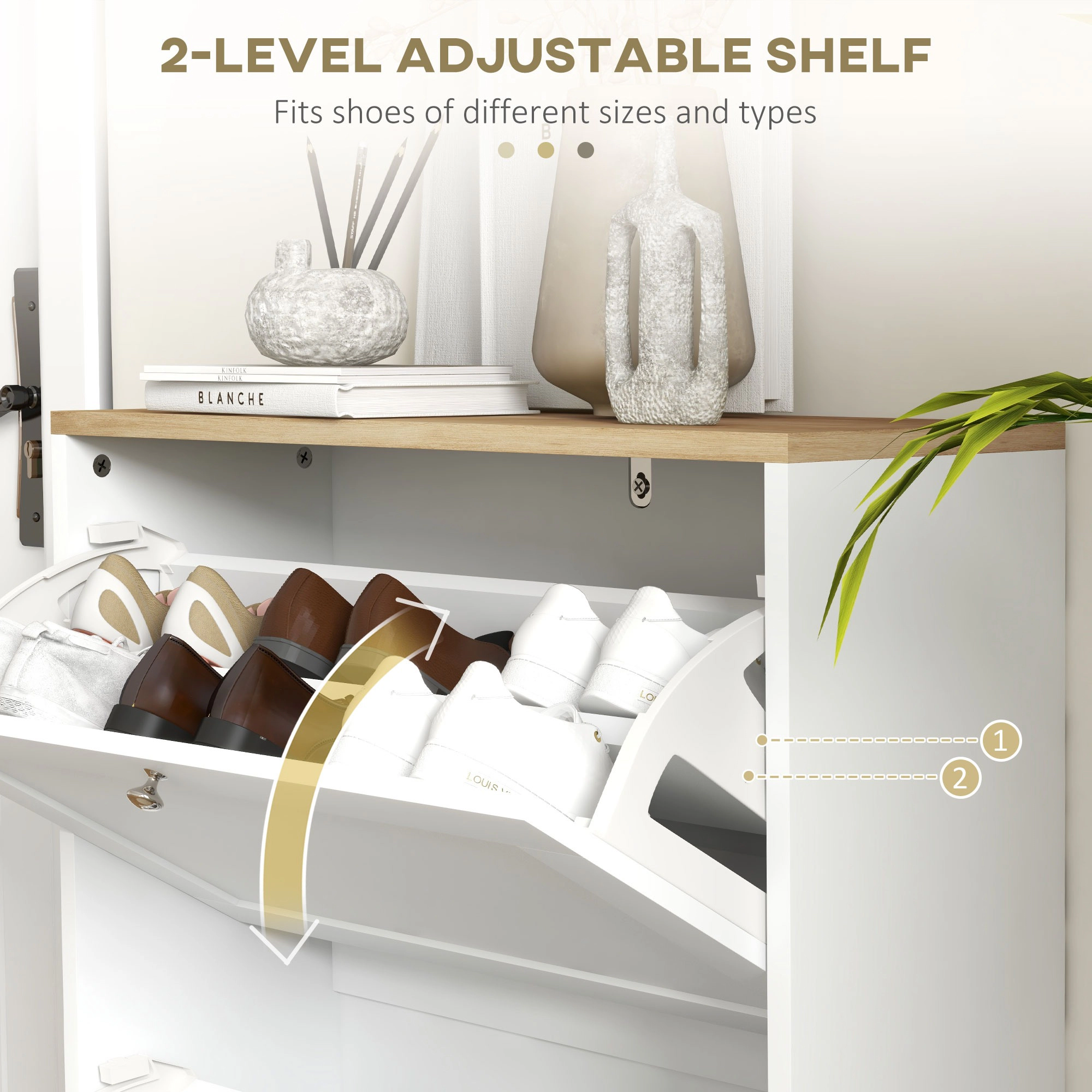 HONGGE Slim Shoe Storage Cabinet with 2 Flip Drawers and Adjustable Shelves for 8-12 Pairs, White
