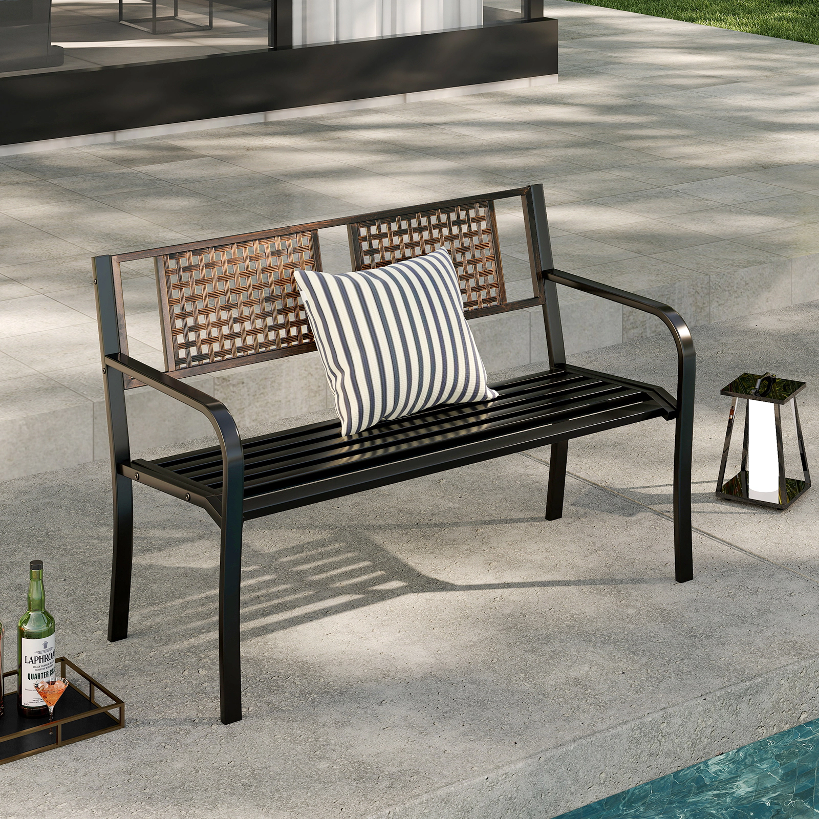 LJG 50 Inch Outdoor Metal Garden Bench with Rattan-Like Backrest for 2-3 People