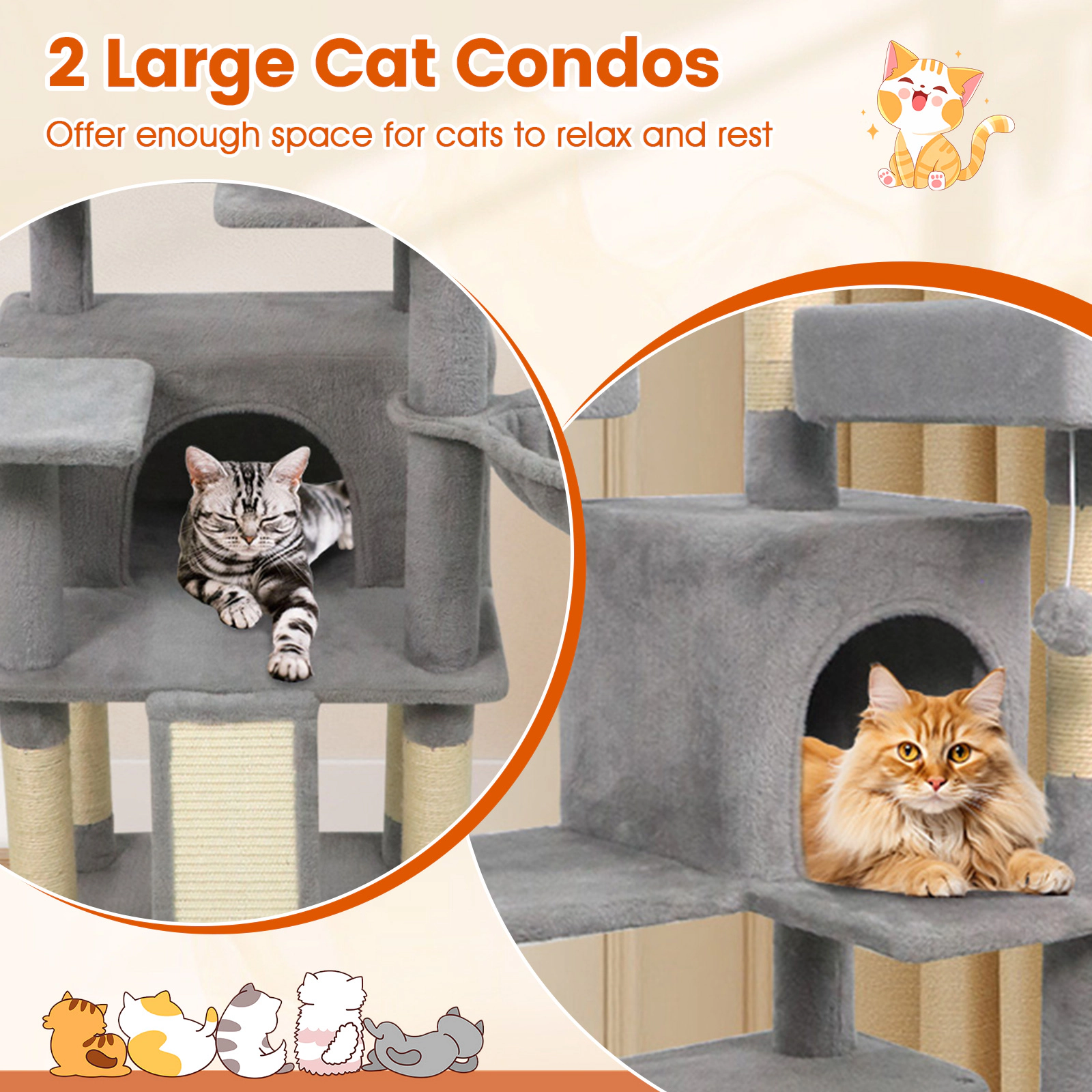 SUGIFT 65-in Tall Multi-level Cat Tree with 3 Upholstered Perches and 2 Cat Condos Light Gray