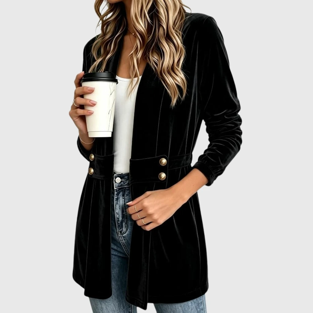 YesFashion Women's Double-Breasted Velvet Blazer Open Front Loose Business Casual Suit Jacket