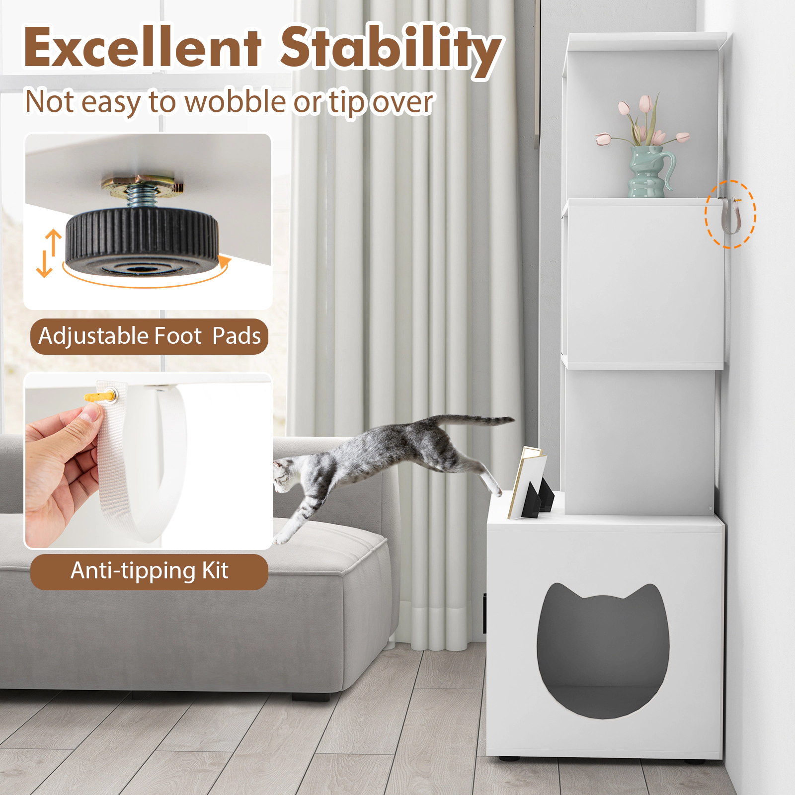 SUGIFT 56-in Tall Hidden Cat Litter Box Enclosure with Storage Shelves Rustic Brown and White