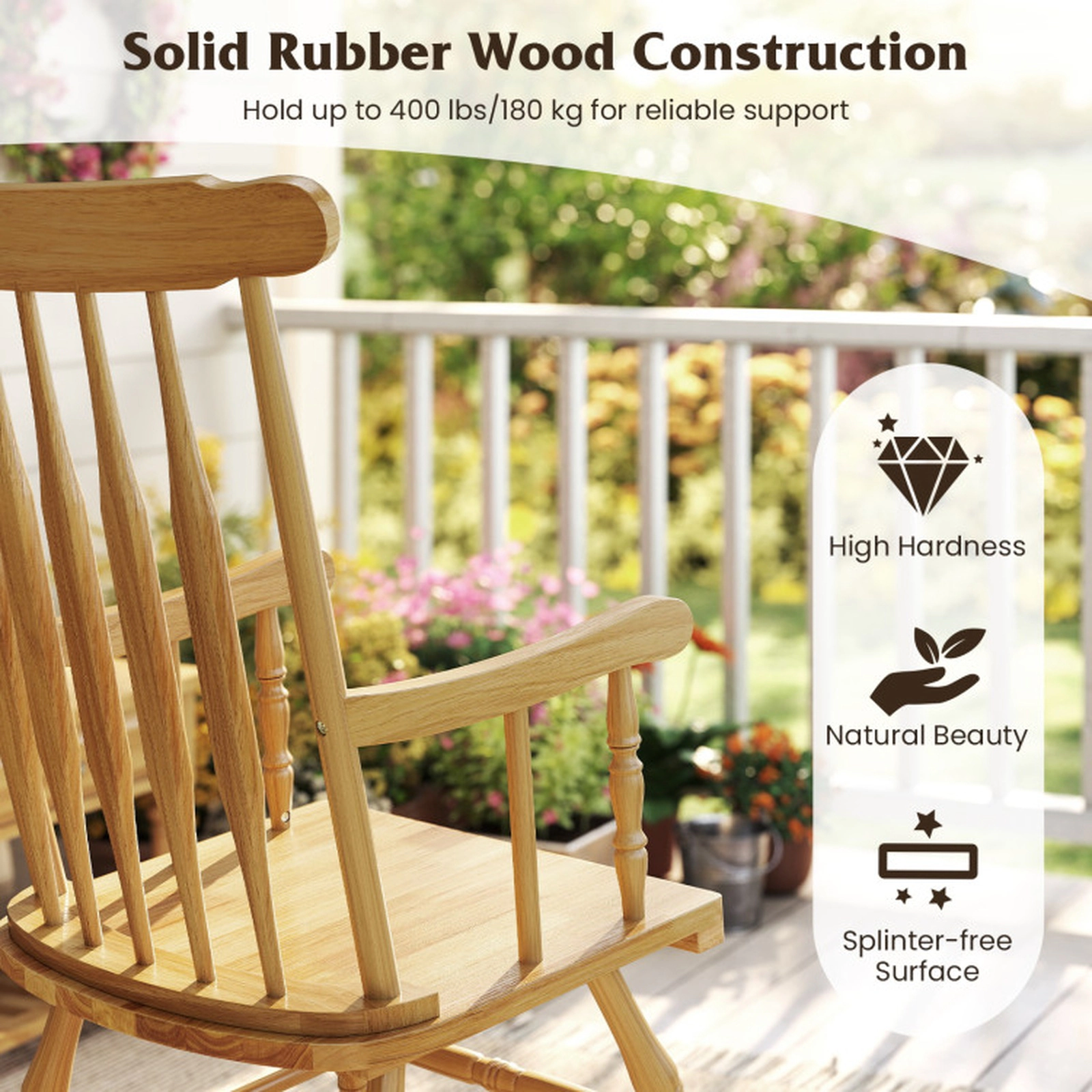 SUGIFT Contoured Slatted Back Rocking Chair 300-lb Capacity Natural