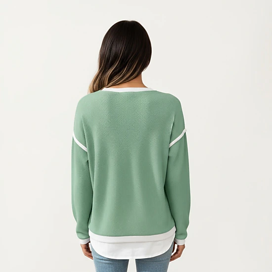 Anna-Kaci Women's Contrast Trim Relaxed Fit Long Sleeve Knit Top