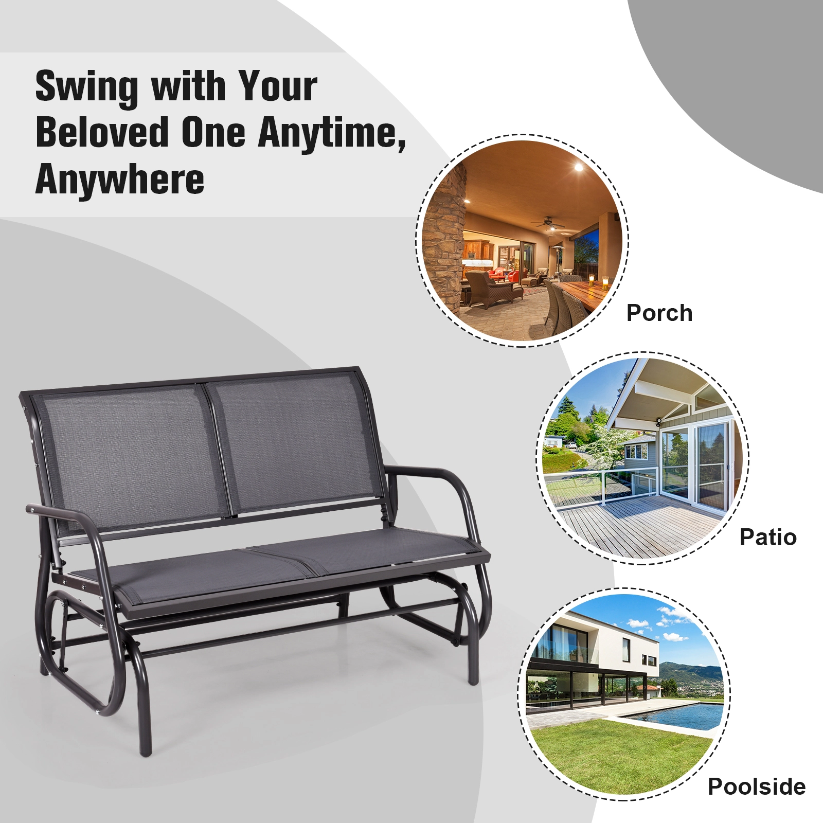 SUGIFT 48.5-in Steel Loveseat Glider Rocking Chair with 46 x 18 in Seat 400-lb Capacity Backyard Lounge Gray