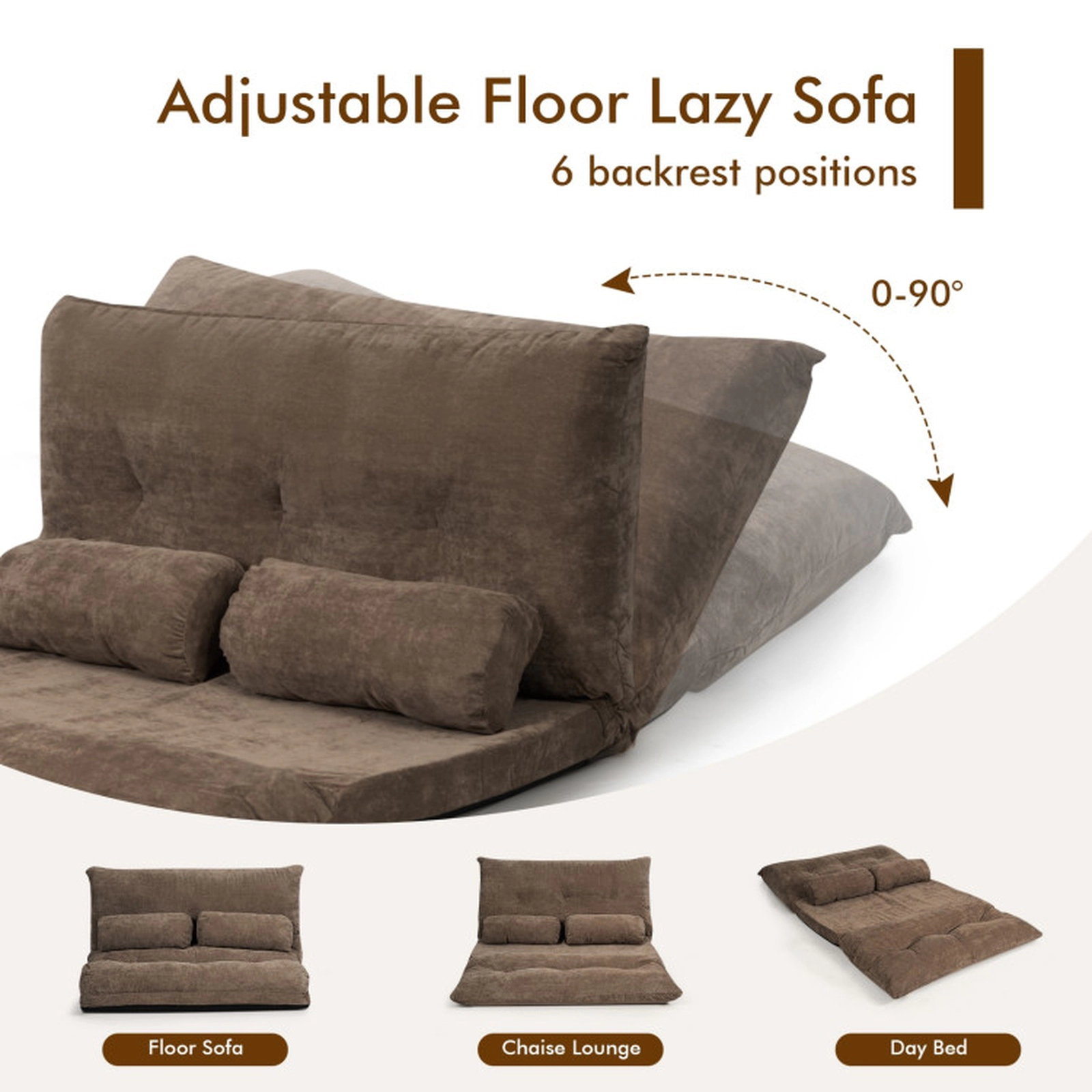 SUGIFT 6-Position 2 Bolster Pillows Corduroy Convertible Floor Sofa Bed 71-in x 42.5-in x 7-in 330-lb Capacity Brown