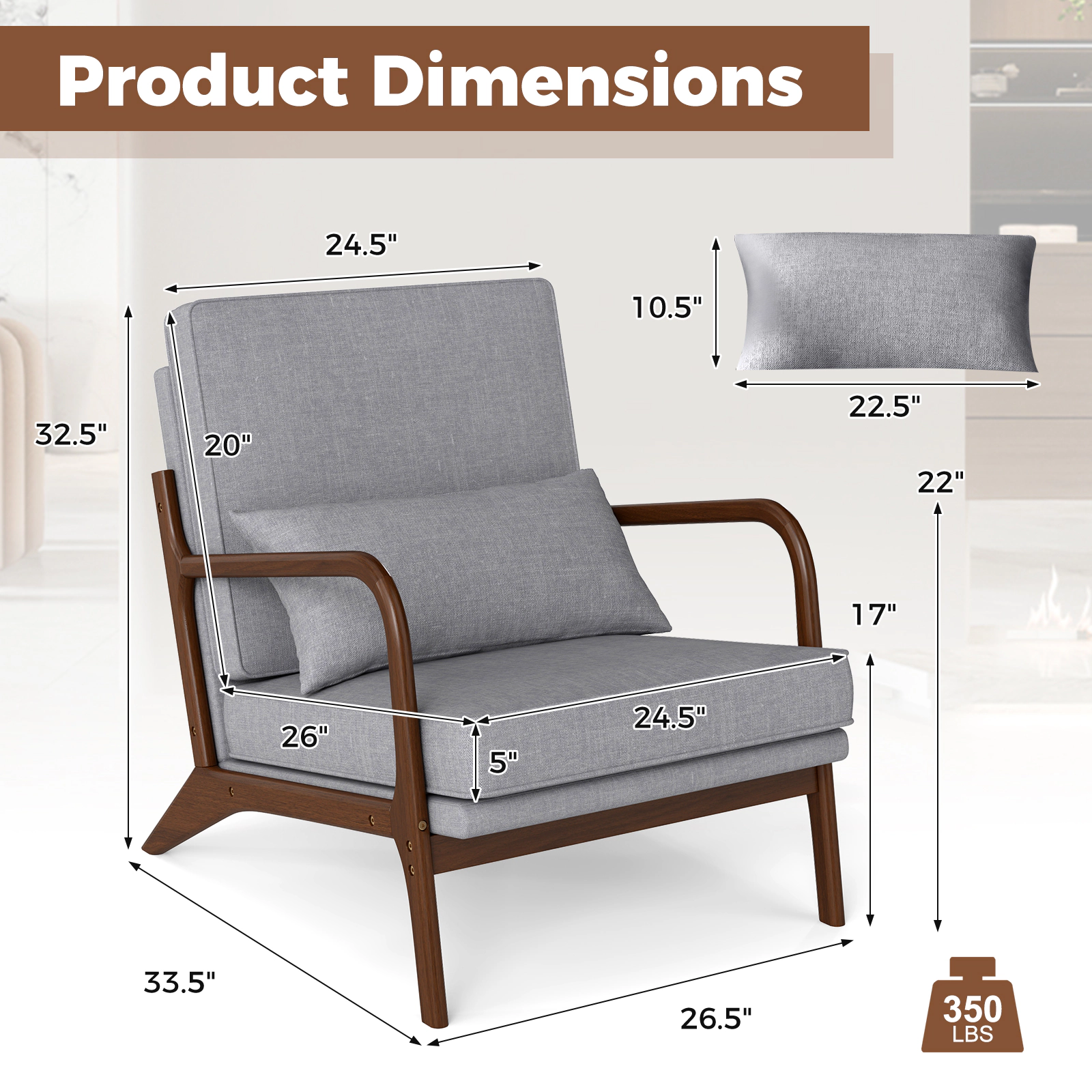 LJG Modern Accent Chair with Rubber Wood Armrests and Removable Back