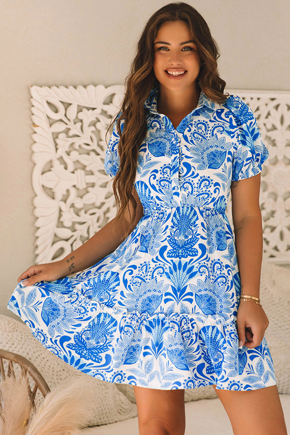 Threaded Pear Women's Lilly Floral Drawstring Waist Ruffled Dress