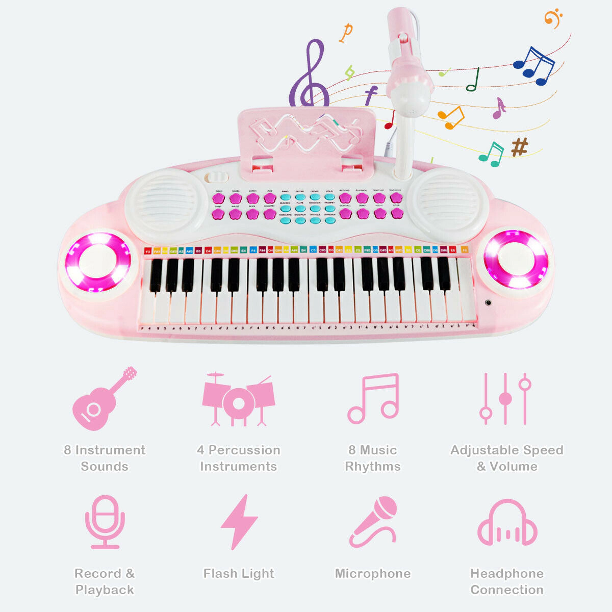 SUGIFT Pink 37-Key Multifunctional Electric Keyboard Piano with Detachable Microphone and Music Stand