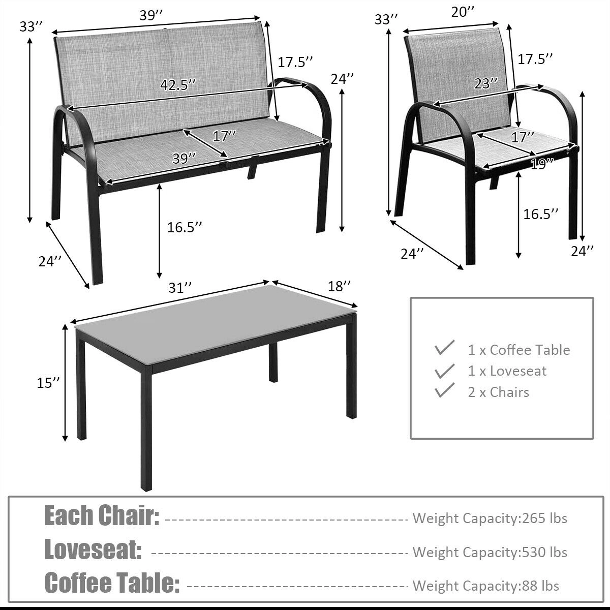 SUGIFT Gray Loveseat 2 Sofas and Glass Top Coffee Table 4-Piece Patio Furniture Set
