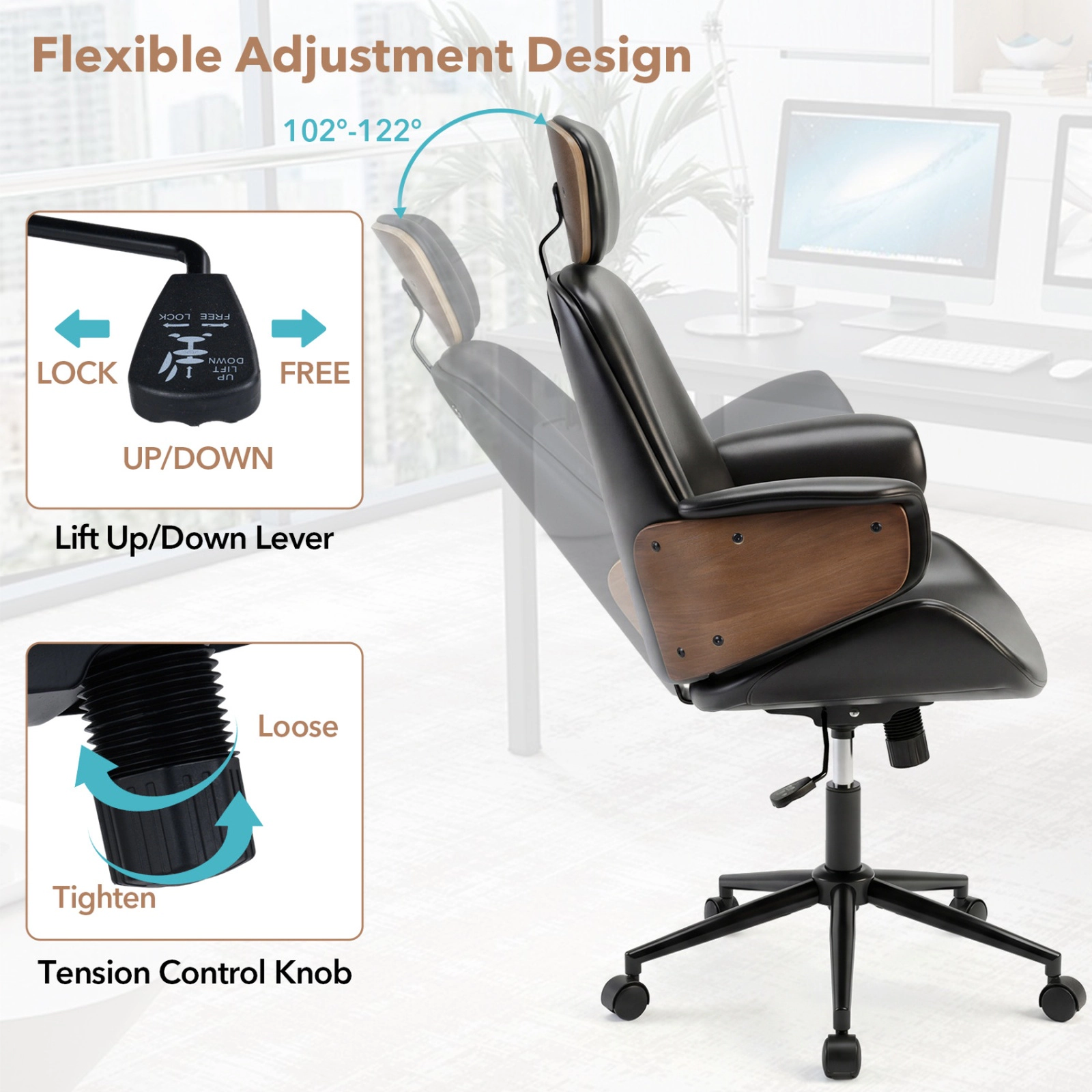 SUGIFT Ergonomic Office Chair with Headrest Adjustable Height 242-Lb Capacity 45-in High Back Black + Rustic Brown