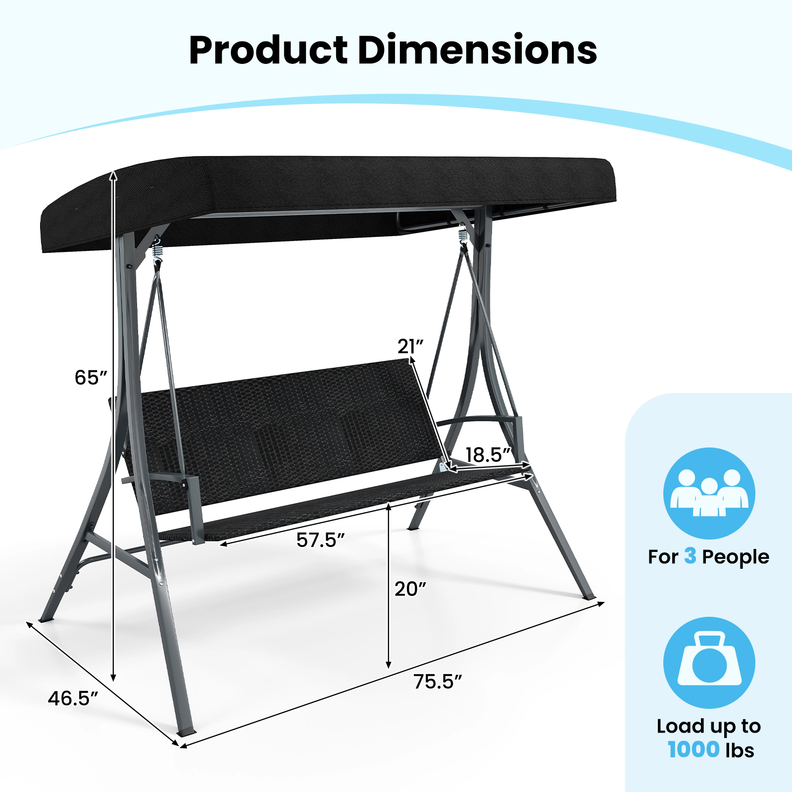 SUGIFT 3-Person Outdoor Porch Swing with Stand and Adjustable Canopy 1000-lb Capacity Rattan Seat Back Black