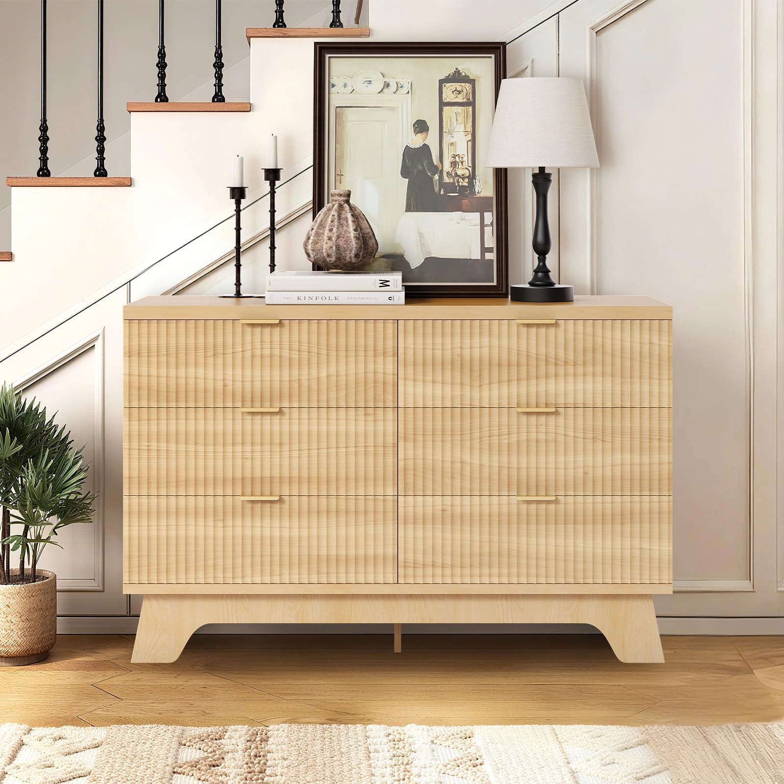 47" Mid-Century Fluted 6 Drawer Dresser with Gold Handles, Wood Storage Chest