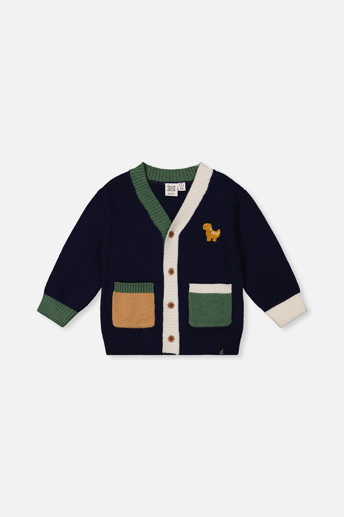 Deux par Boys Button Front Knit Cardigan with Dino Embroidery and Colorblock Pockets