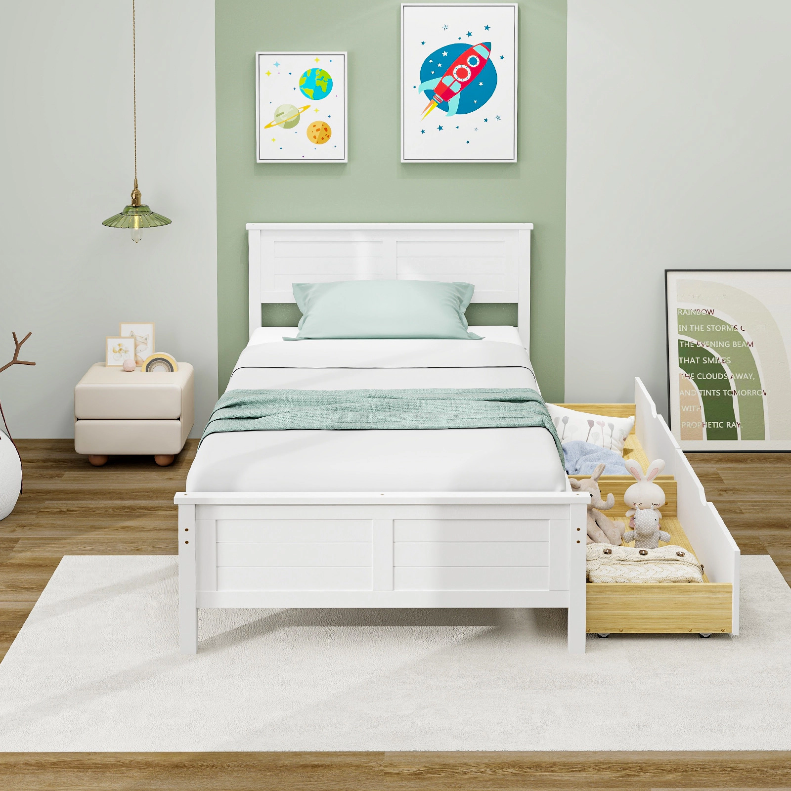 SUGIFT Twin Size Bed Frame with 2 Storage Drawers 350-lb Capacity 43-in Wide Wooden Slat Bed White