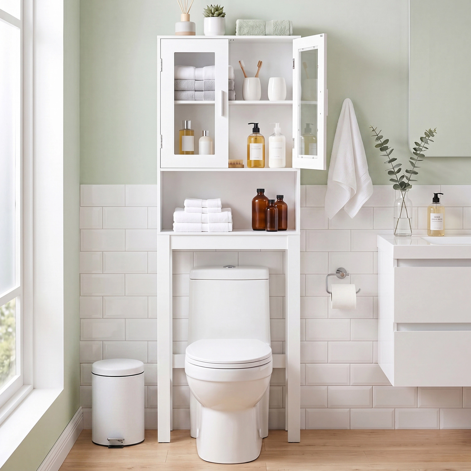 Slickblue Over The Toilet Bathroom Storage Cabinet with Frosted Glass Doors and Shelf