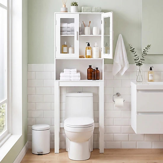 SlickBlue Over The Toilet Bathroom Storage Cabinet with Frosted Glass Doors and Shelf