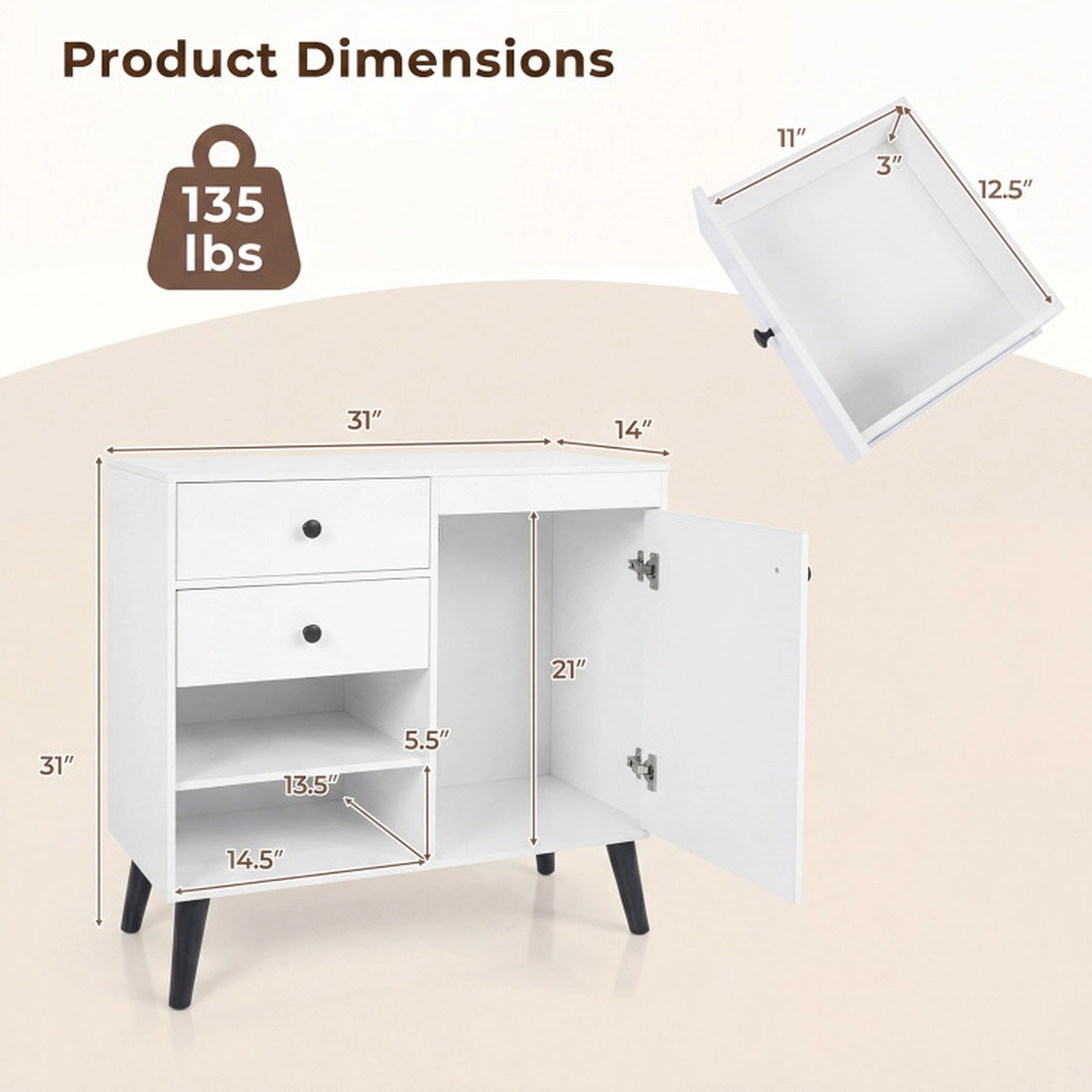 SUGIFT 31-in Sideboard Cabinet with 2 Open Compartments 2 Drawers and Single-Door Cabinet 135-lb Capacity White