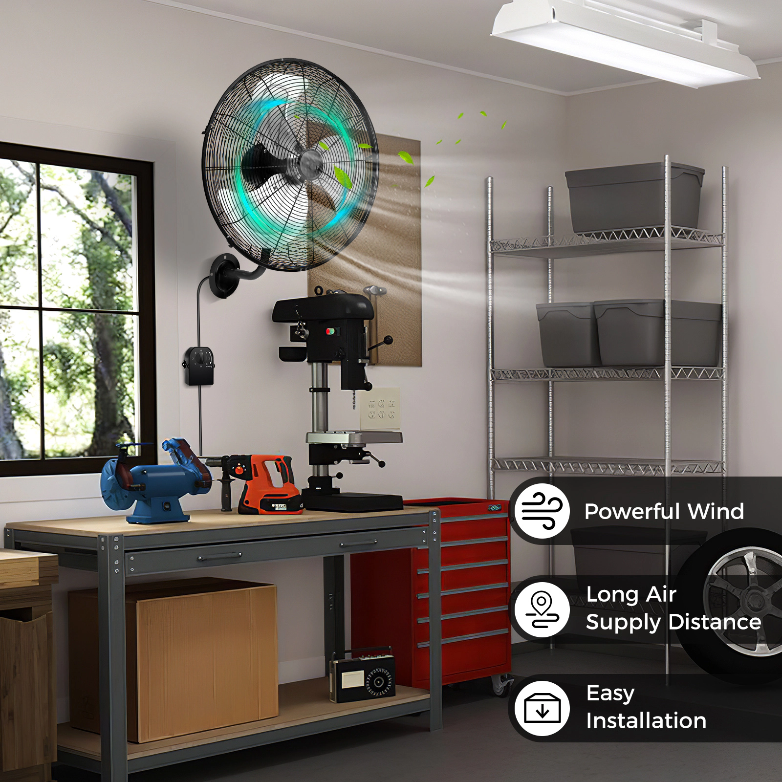 SUGIFT 20-in Black Oscillating Wall Mount Fan with 3 Speeds and Tilt Head 3500-CFM 22-in W 16.5-in D 26.5-in H