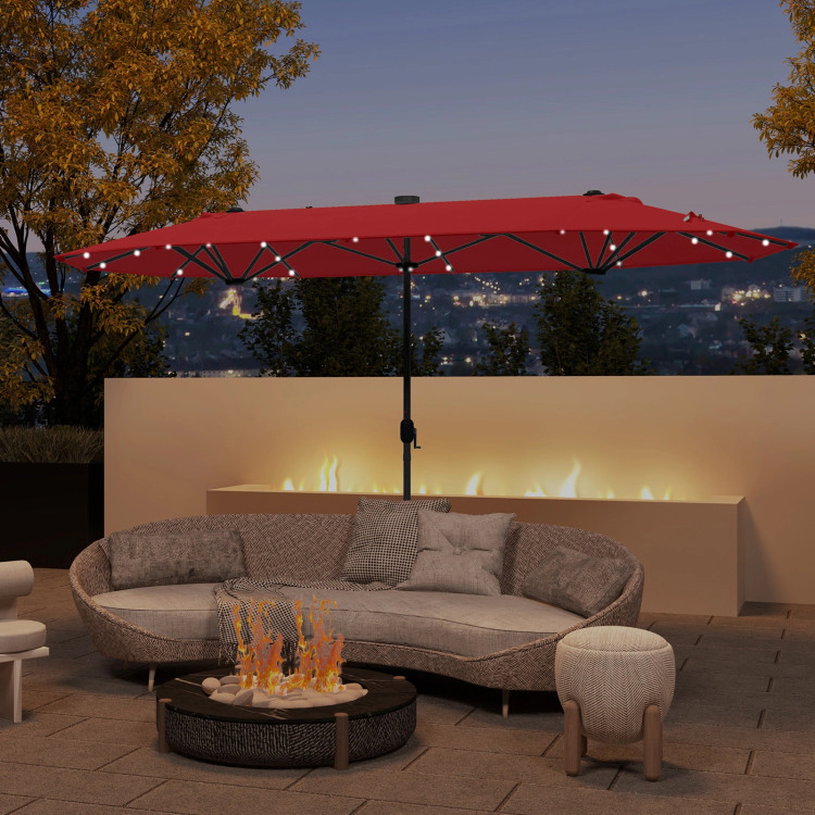 SUGIFT 13-ft Wine Rectangular Twin-Panel Solar Patio Umbrella with 36 Lights and Wind Vents for Yard