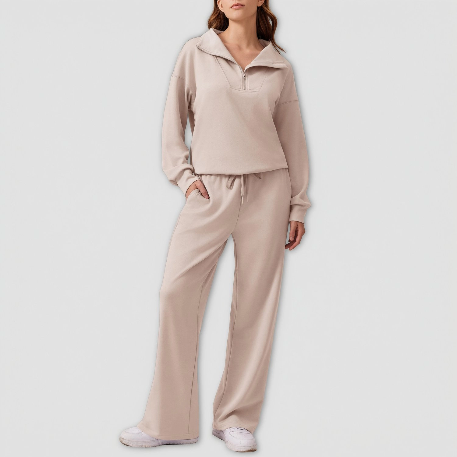 Pinspark Womens Casual Half Zip Sweatshirt Sets Long Sleeve Wide Leg Pants Loungewear