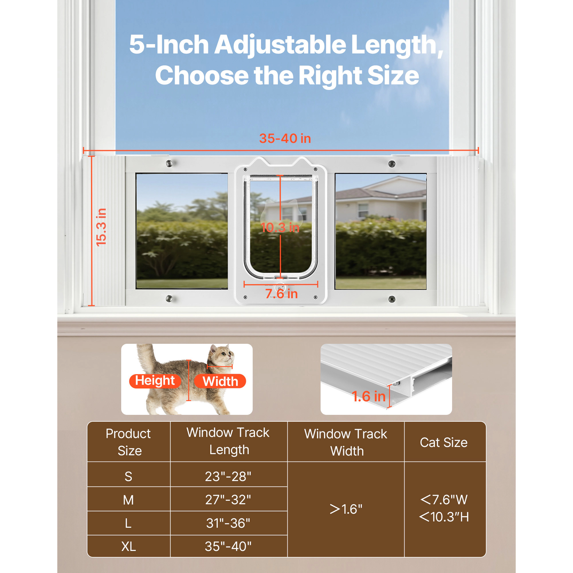 HONGGE Cat Door for Window, Adjustable 35-40 in Width, 4-Way Lock Aluminum Frame with Magnetic Closure, White