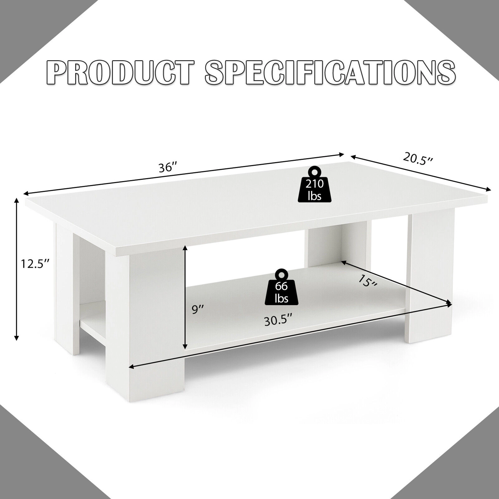 SUGIFT 2-Tier Low Profile Open Shelf Engineered Wood Coffee Table 41-in x 20.5-in x 12.5-in 210-lb Capacity White