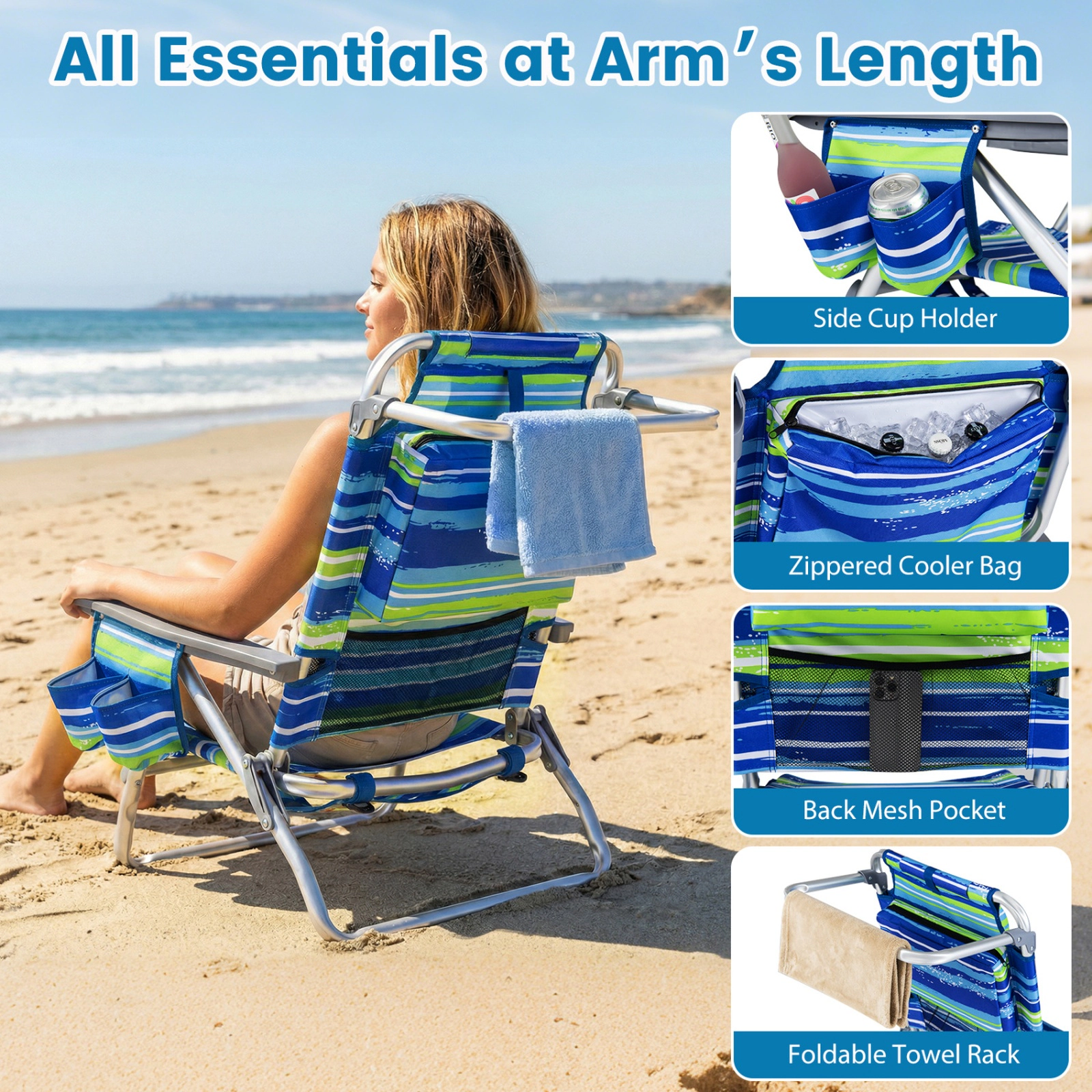 SUGIFT 5-Position Folding Backpack Beach Recliner Chairs Set of 2 330-lb Capacity with Padded Headrest Blue and Green