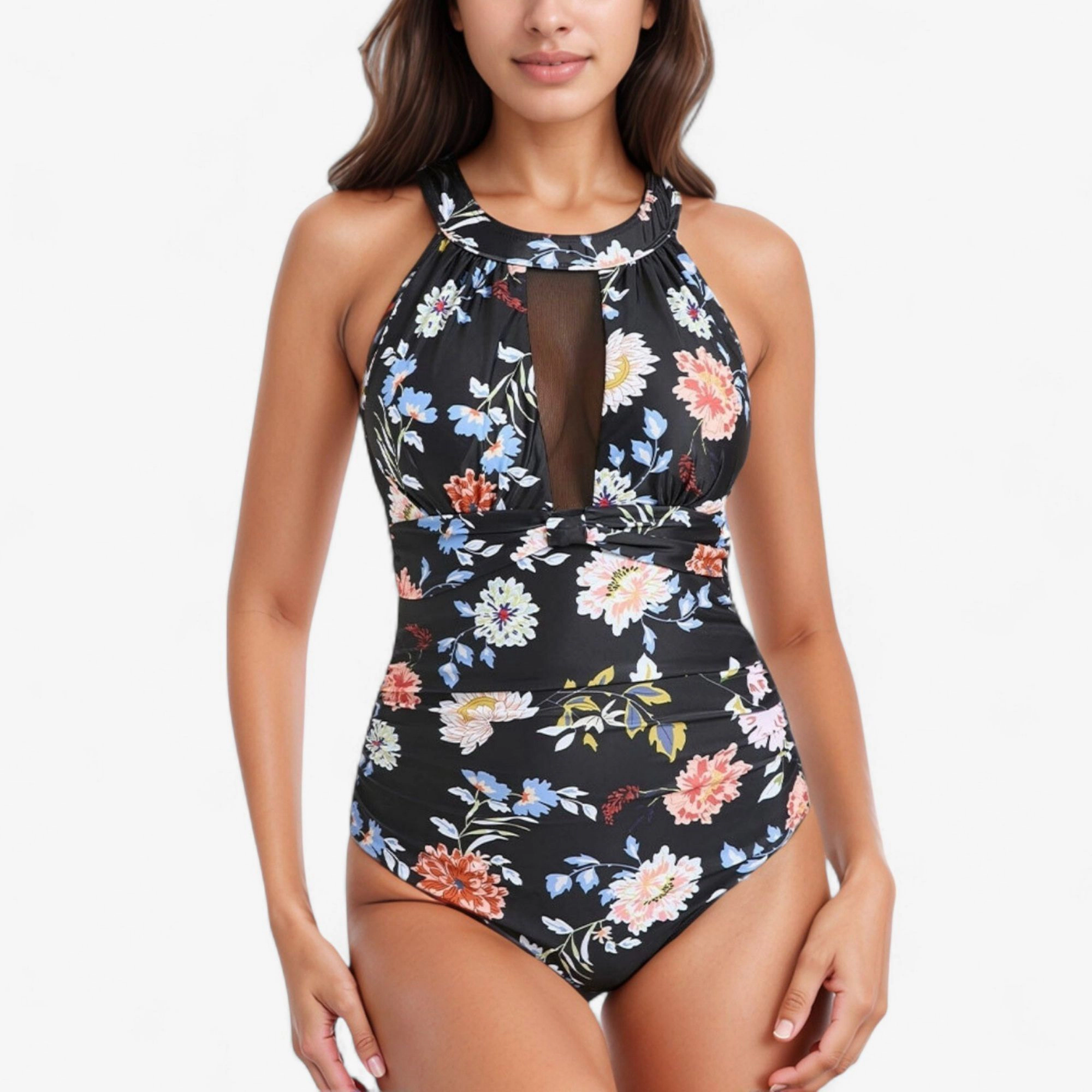 Anna-Kaci Women's Halter Neck One-Piece Swimsuit with Keyhole Front Detail and Floral Patterned Bodice