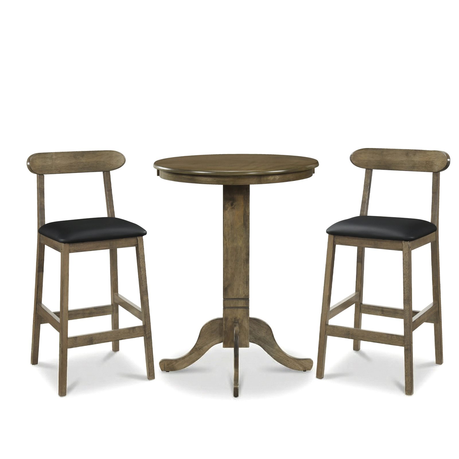 SUGIFT 3-Piece Oak Grey Round Pub Table Set for 2 with Pedestal Table and Bar Stools