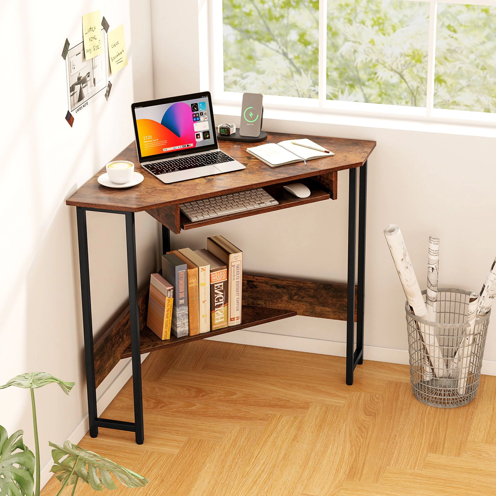 SlickBlue Corner Computer Desk with Keyboard Tray and Storage Shelf