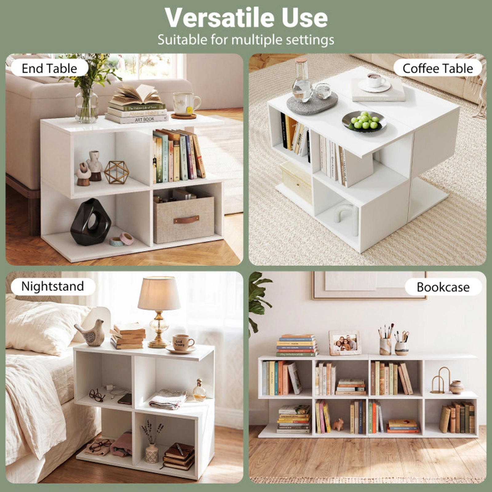 SUGIFT White 24-In 3-Tier S-Shaped End Table with 4 Storage Cubes