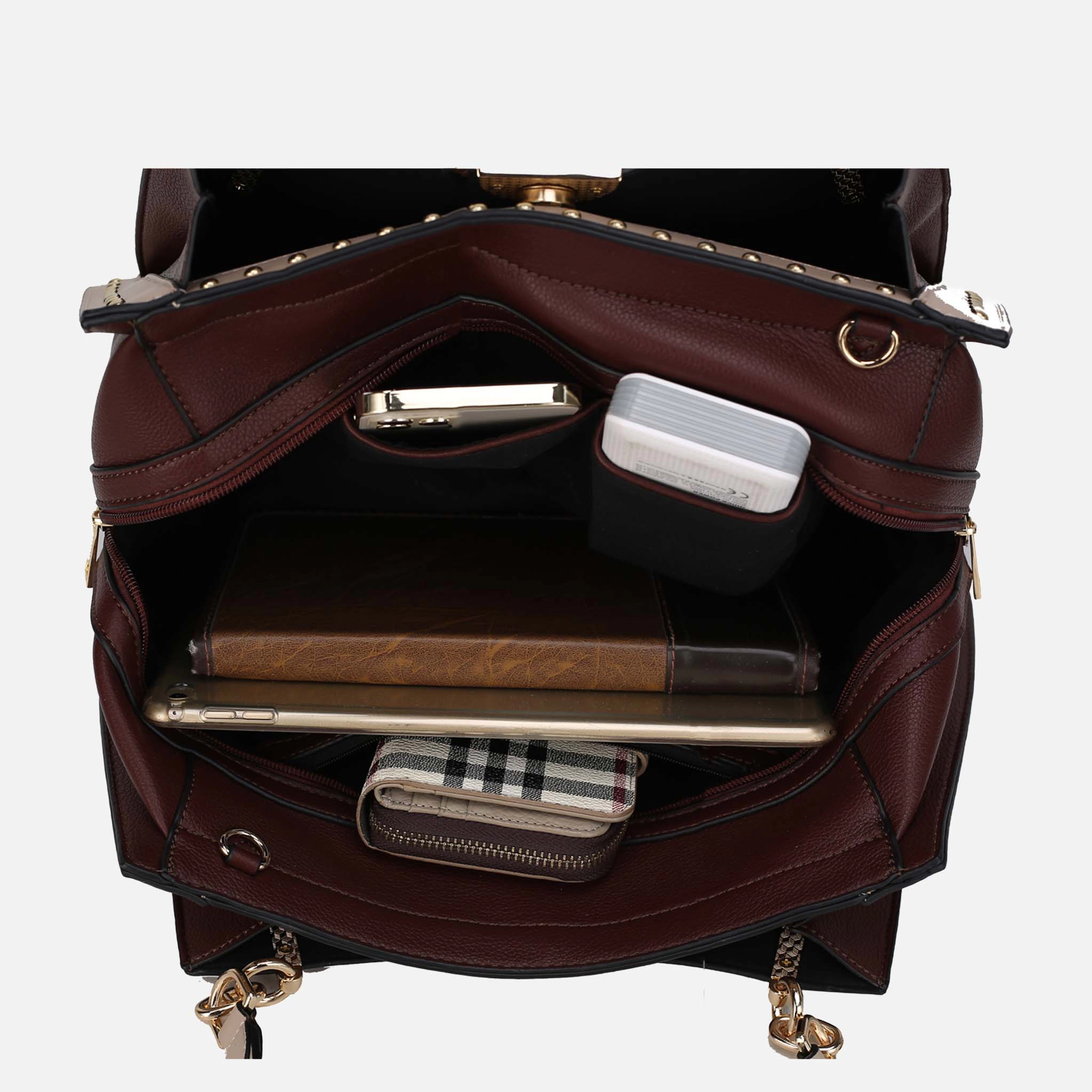 Mia K Collection Aubrey Vegan Leather Satchel - 3-Compartment Handbag with Gold-Tone Hardware