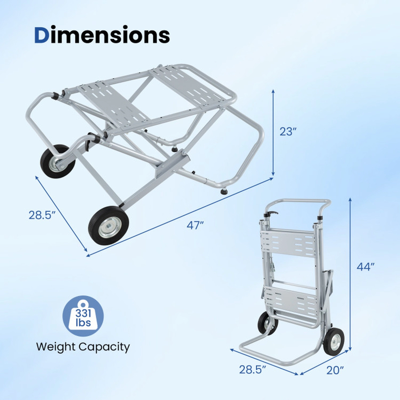 SUGIFT Folding Rolling 8-in Wheels Metal Portable Table Saw Stand 47-in x 28.5-in x 23-in 331-lb Capacity Silver