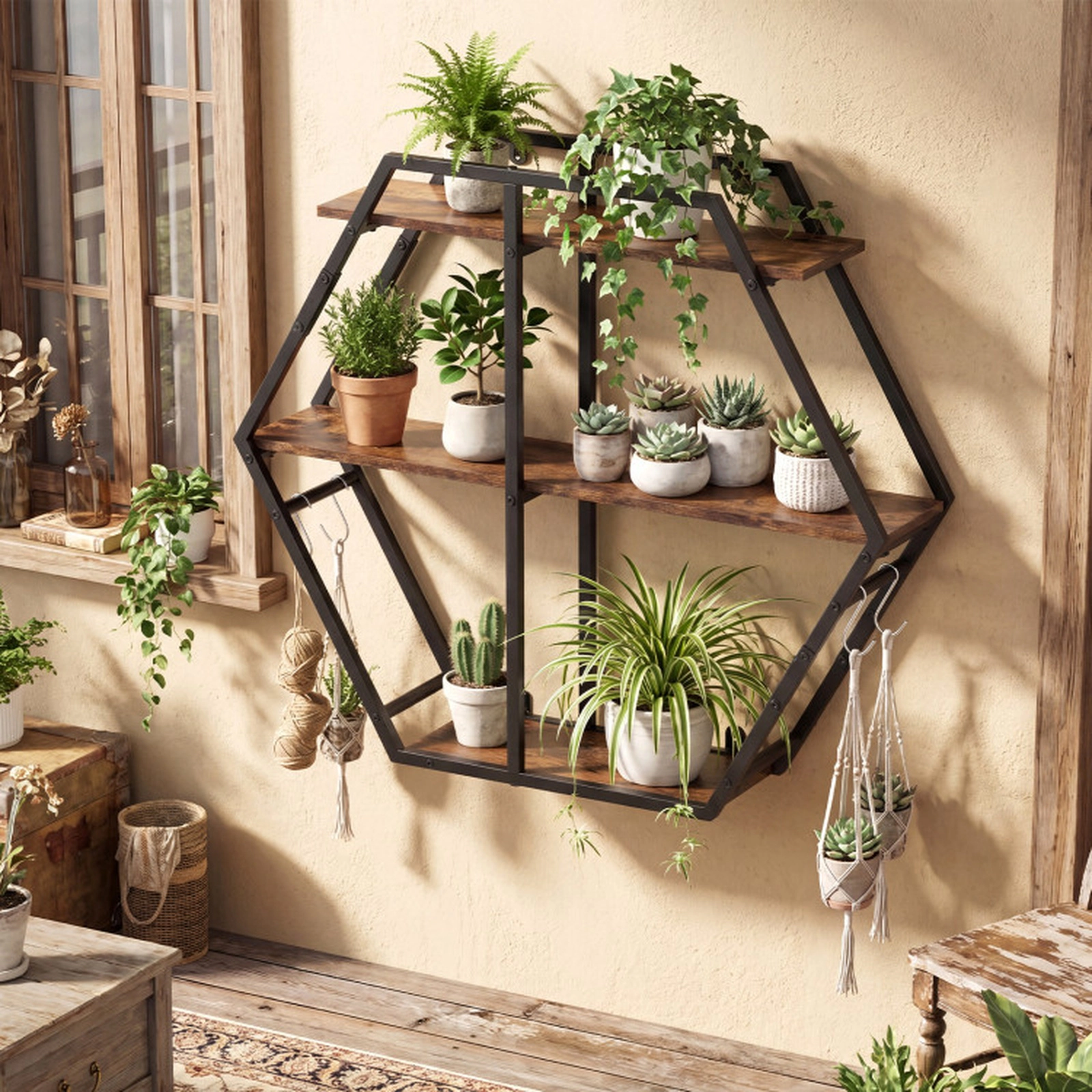 SUGIFT 3-Tier Hexagon Wall Mount Bookcase with S-Shaped Hooks 80-lb Capacity 32-in Wide Rustic Brown + Black