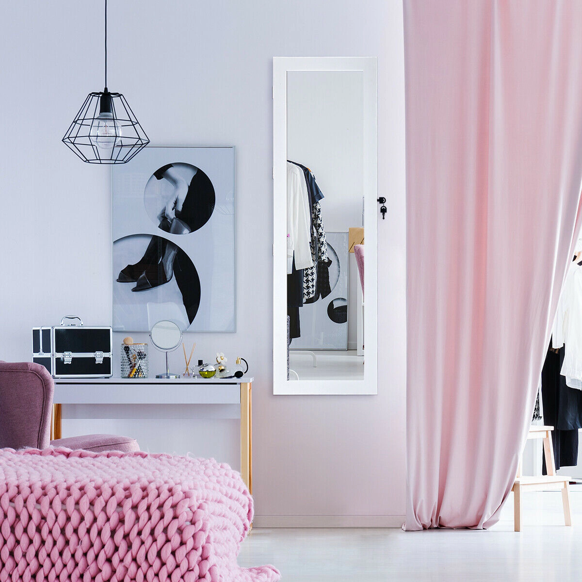Slickblue 56.5 Inch Wall Mounted Lockable Jewelry Cabinet with Full-Length Mirror and LED Lights
