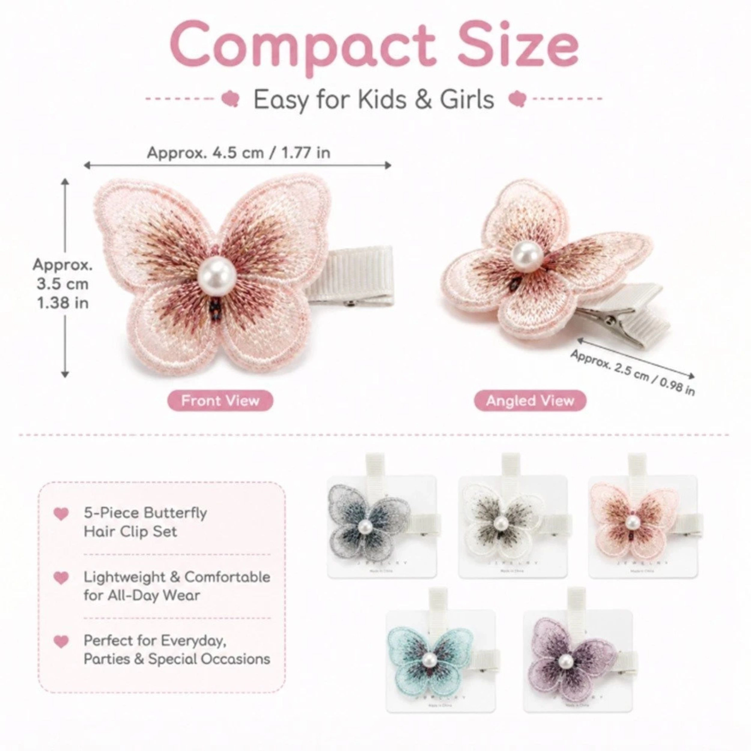 Home Collection Girls & Women 5-Pack Embroidered Butterfly Hair Clip Barrettes