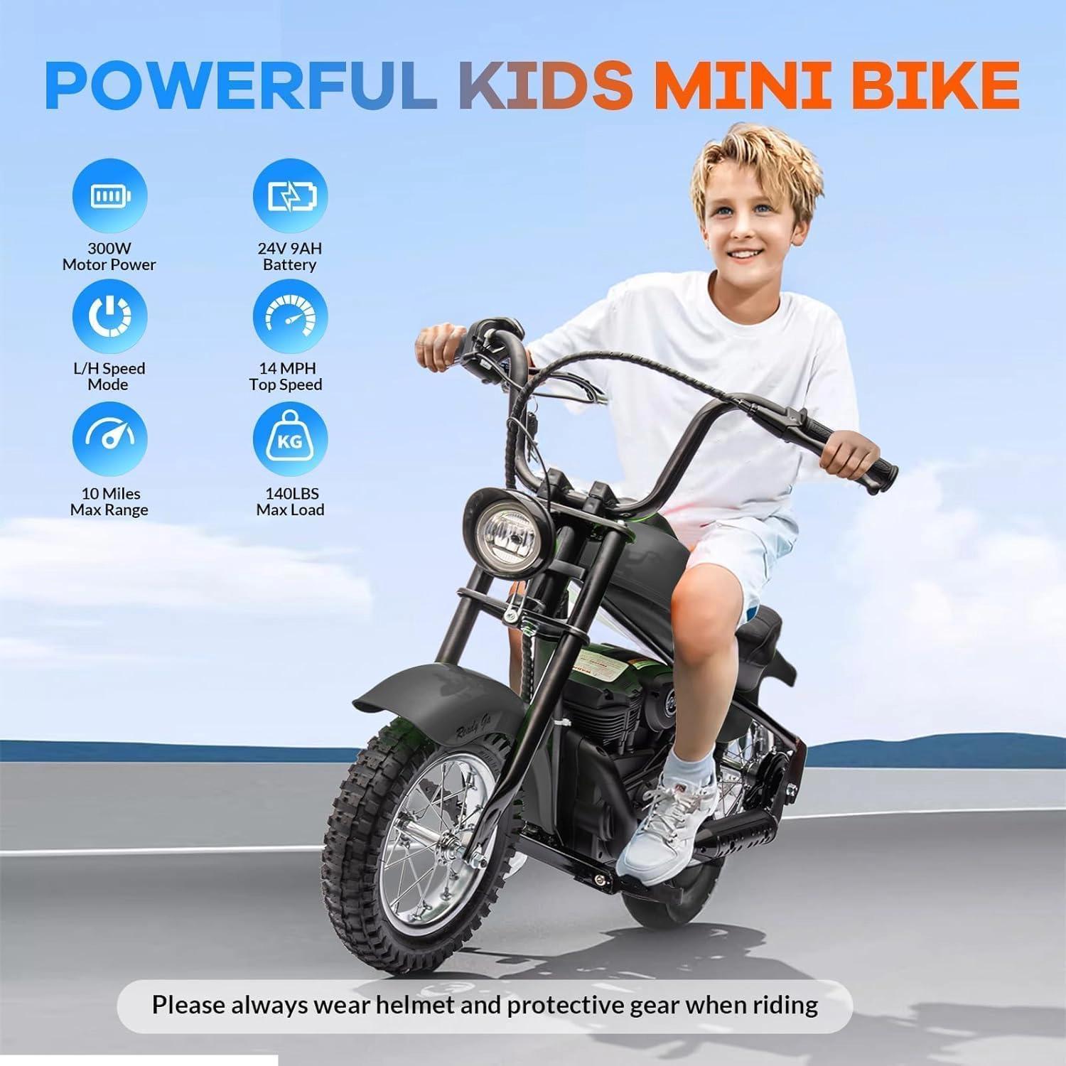 24V Kids & Teens Electric Dirt Bike, 250W Motor, 14MPH, LED Light, Leather Seat, 60Min Ride Time