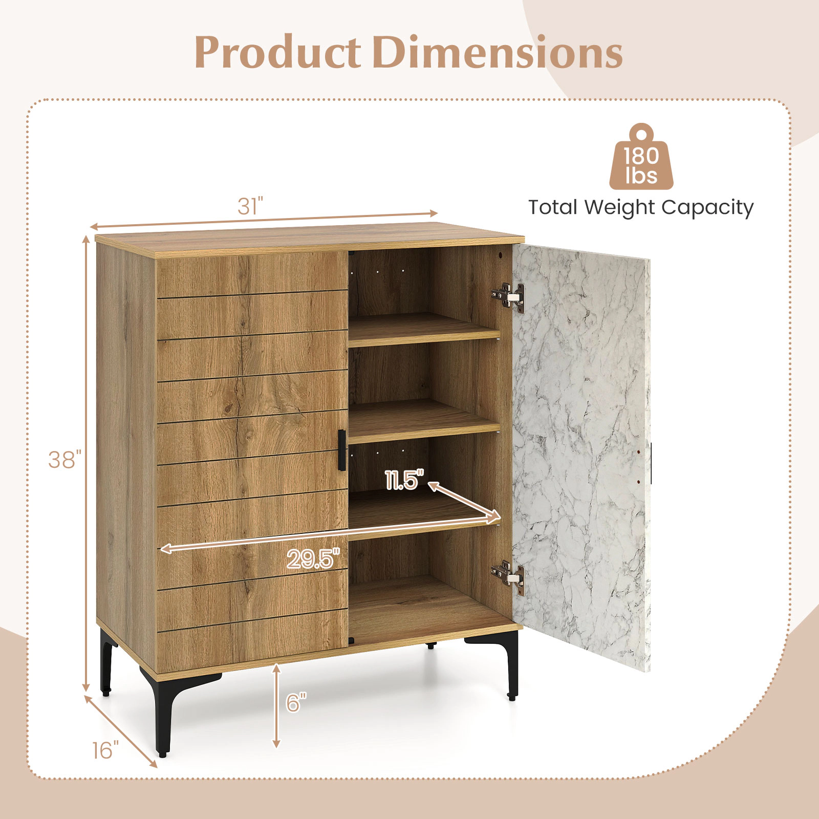 SUGIFT 4 Tier Farmhouse Shoe Storage Cabinet with Removable Shelves and Metal Legs 180-lb Capacity Walnut + White