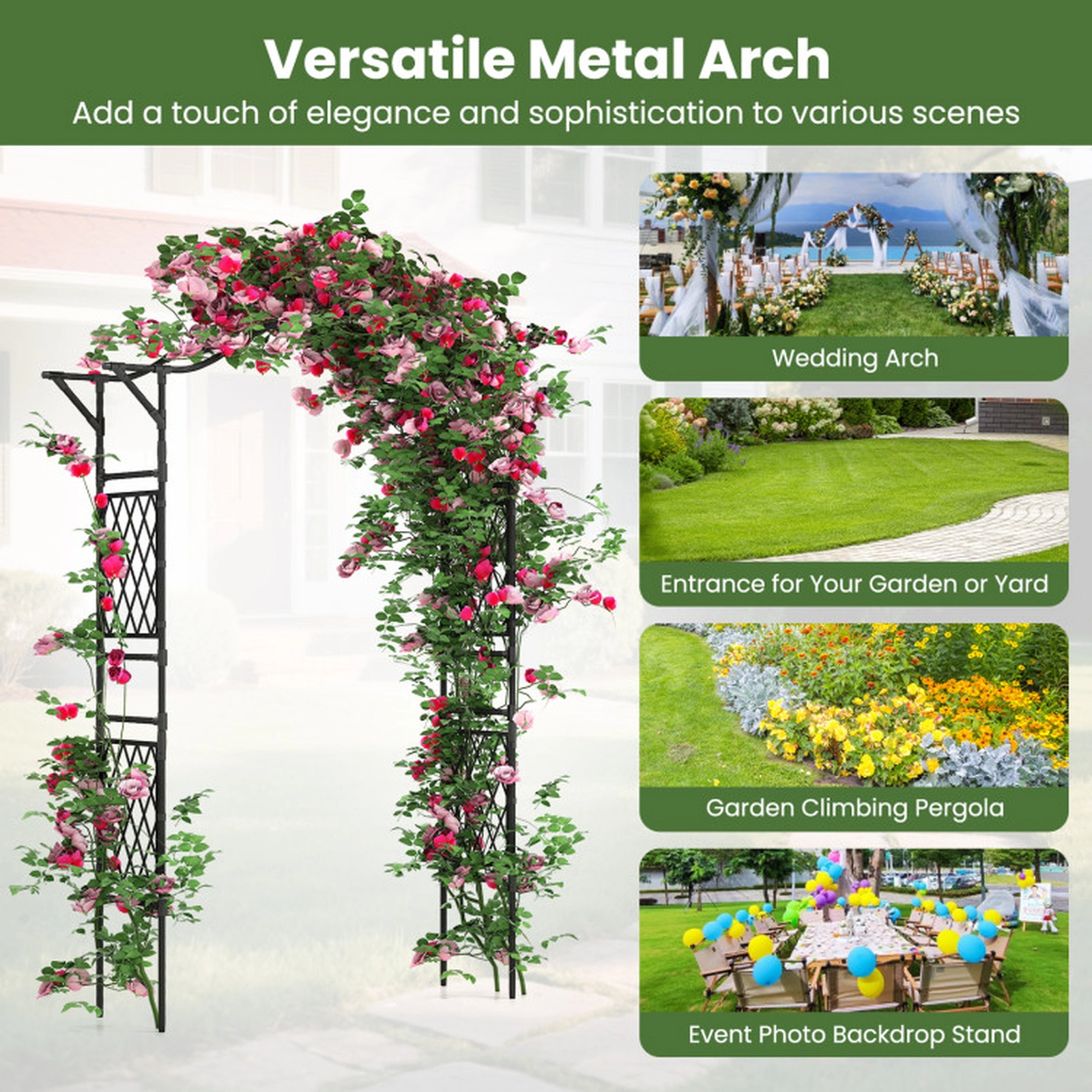 SUGIFT 83-in Black PE-Coated Metal Garden Arch Trellis Pergola with Textured Tubes and Lattice Sides
