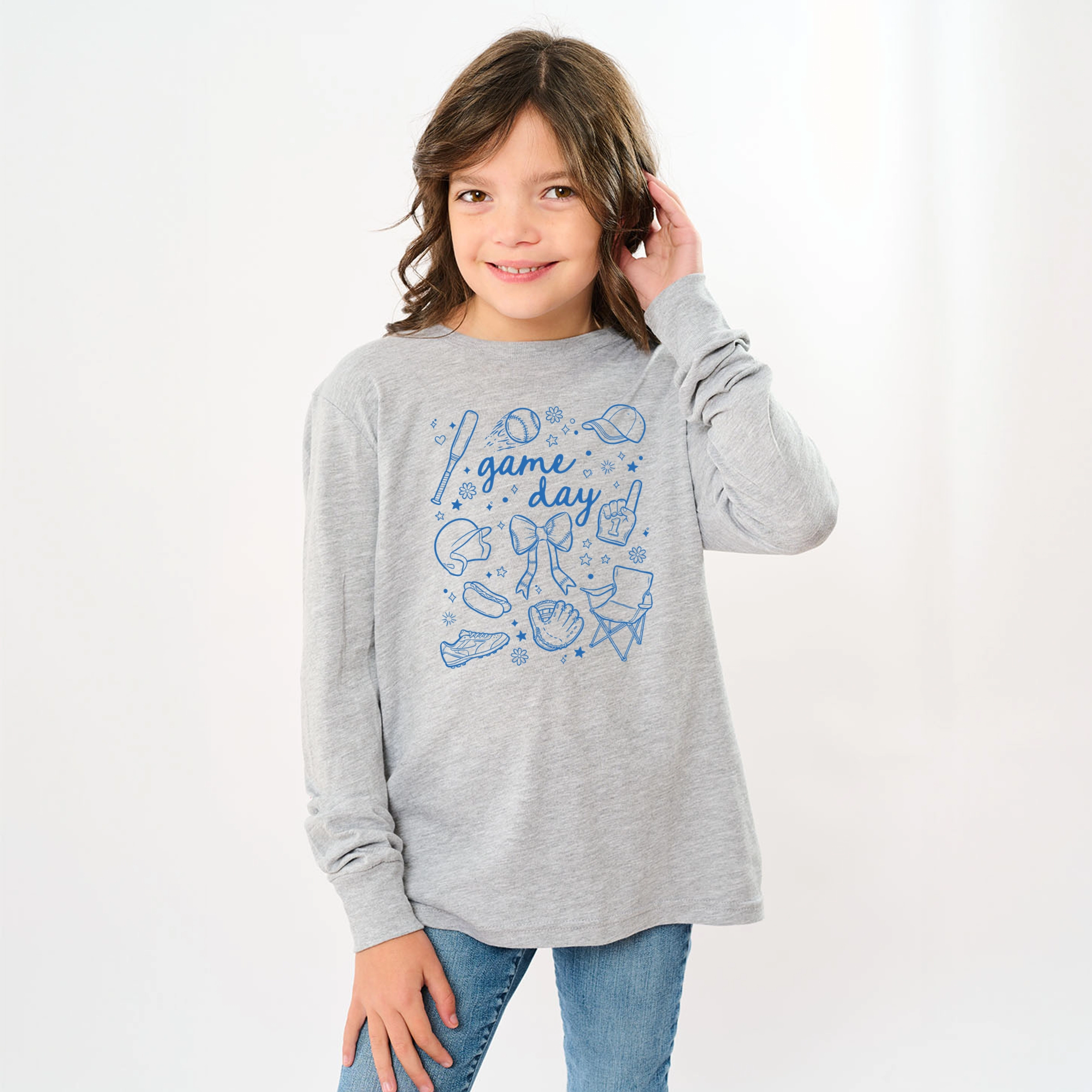 The Juniper Shop - Baseball Game Day Sketched Collage Youth Long Sleeve Graphic T-Shirt