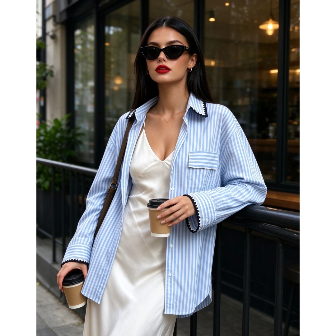 Coolmee Women's Striped Color Block Piping Loose Long Sleeve Shirt Jacket All Season