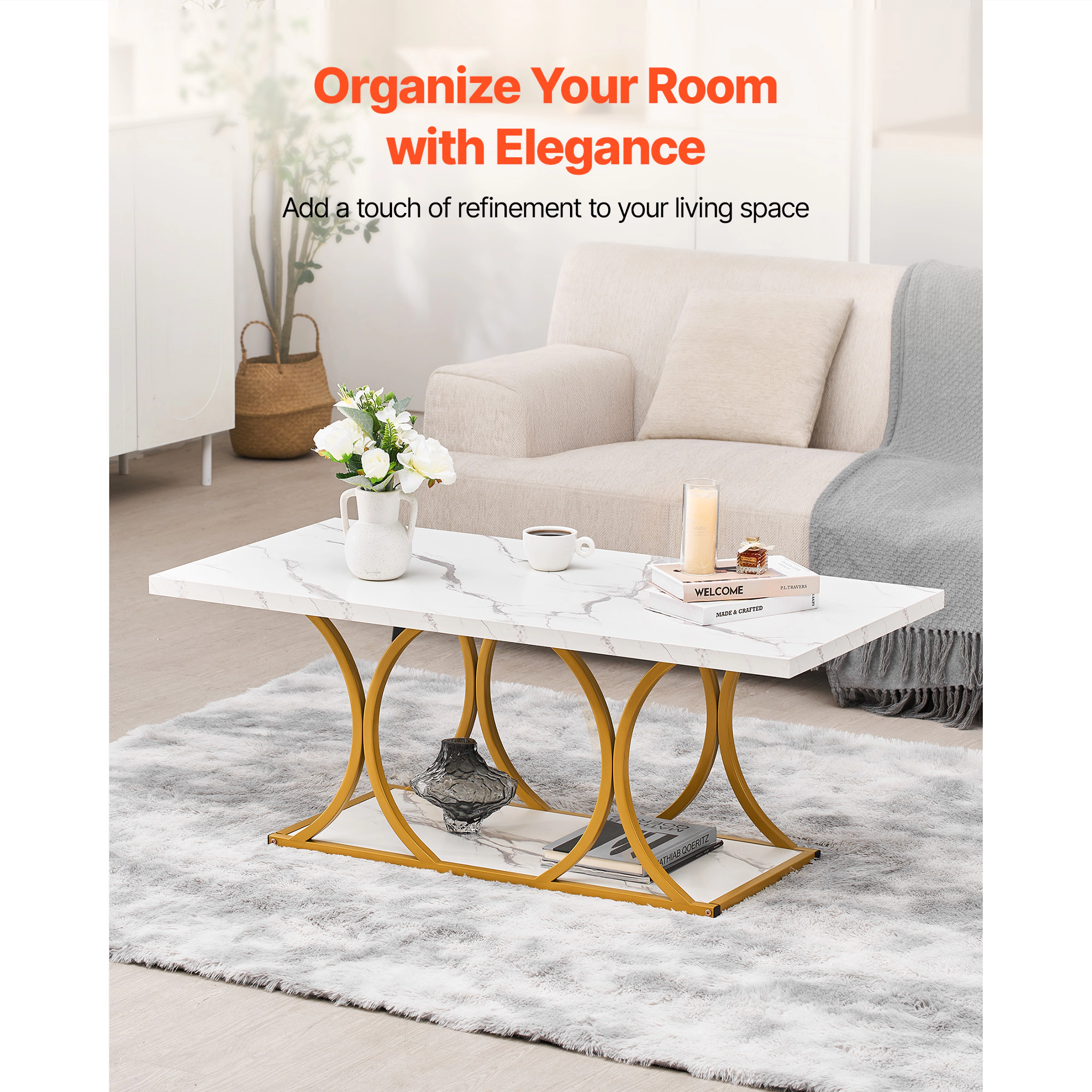 HONGGE Coffee Table Modern Faux Marble Coffee Table 2-Tier Rectangle Center Desk with Geometric Legs Minimalist Sturdy