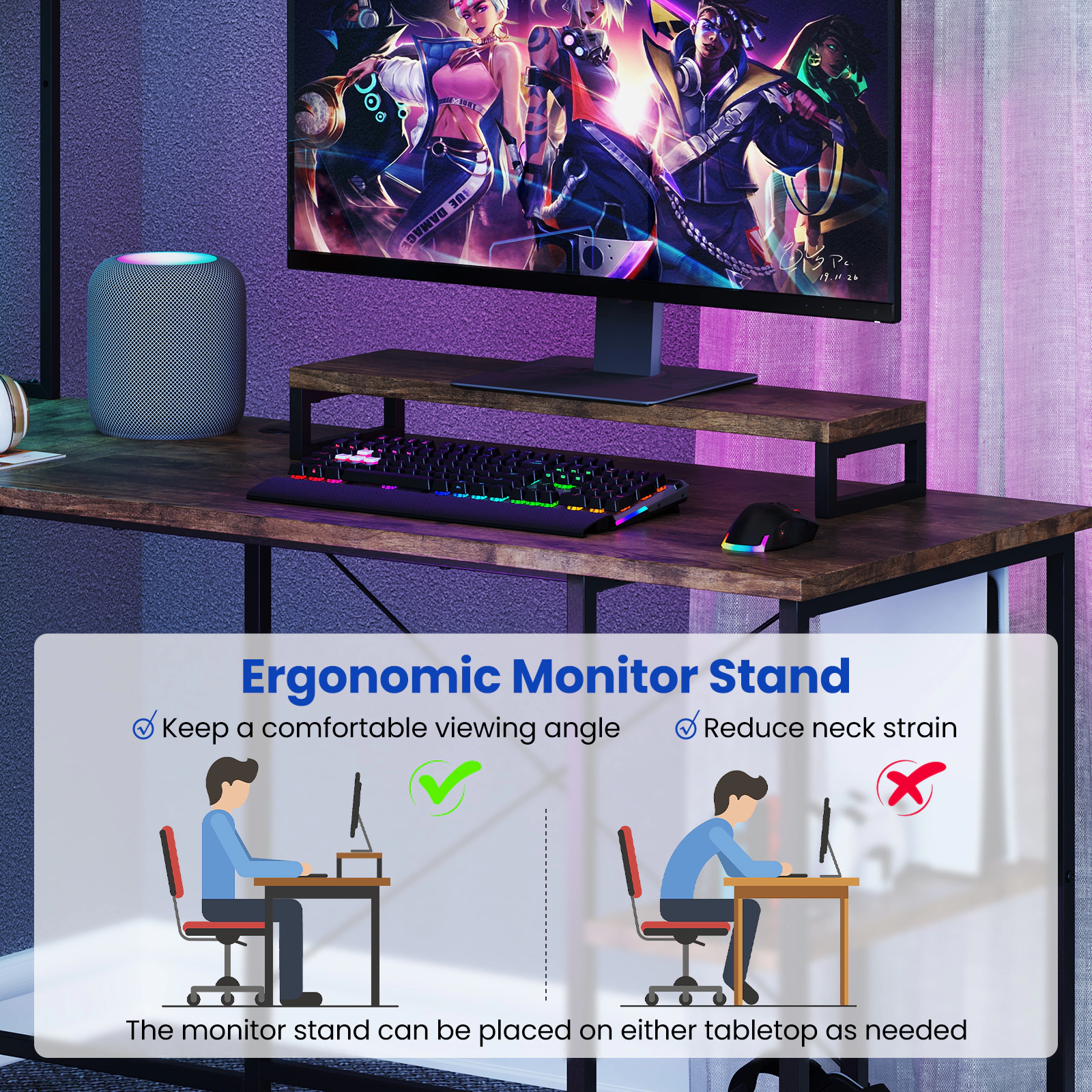 SUGIFT Reversible Rustic Brown L-Shaped Gaming Desk with RGB LEDs, Hutch and Charging Station