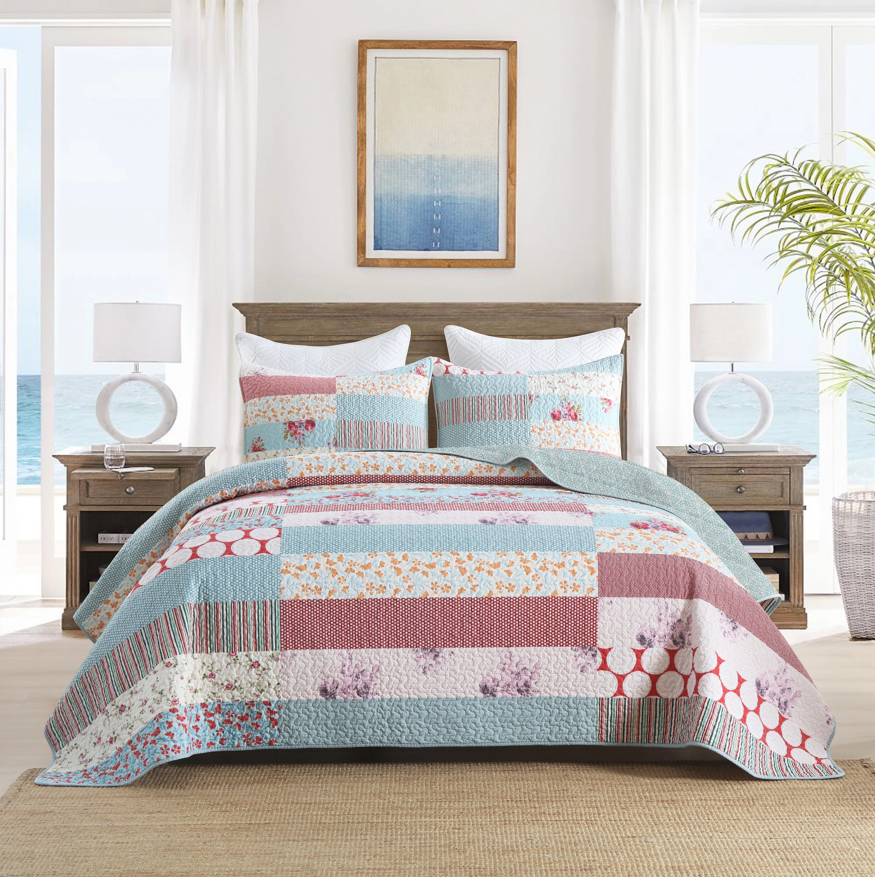 MarCielo 3 Pieces Floral Printed Quilt Bedspread Set-Soft Reversible Coverlet